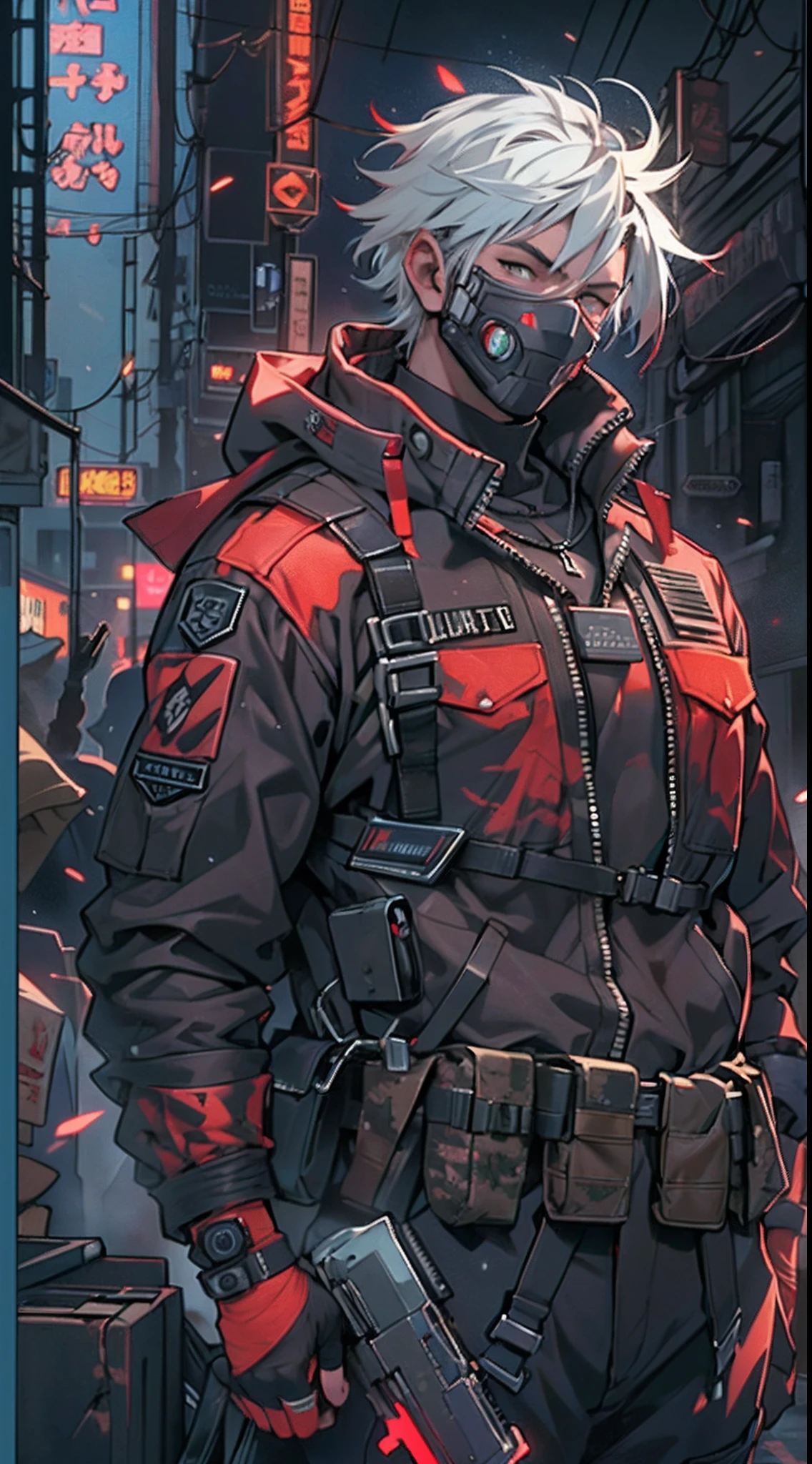 (1 Handsome Man)、(Very huge muscles)、(Unusually large muscles)、(Red cyberpunk military uniform all over the body:1.3)、(Red aura emanating from clothes:1.5)、(Military equipment:1.2)、(White hair)、(Cyberpunk Full Guard Mask:1.0)、(30-years old)、(confident grin:1.2)、(Dark hair)、(Top image quality)、(8K picture quality)、(masutepiece)、(Full body photo:1.3)、cinematric light, Cinema Shadow, Sharp Image, Extremely detailed,、beautiful effects, Muted colors, Highly detailed image textures, detailed hairs, Detailed face, Detailed eyes, Full body photo、Highly detailed image textures, detailed hairs, Detailed eyes、