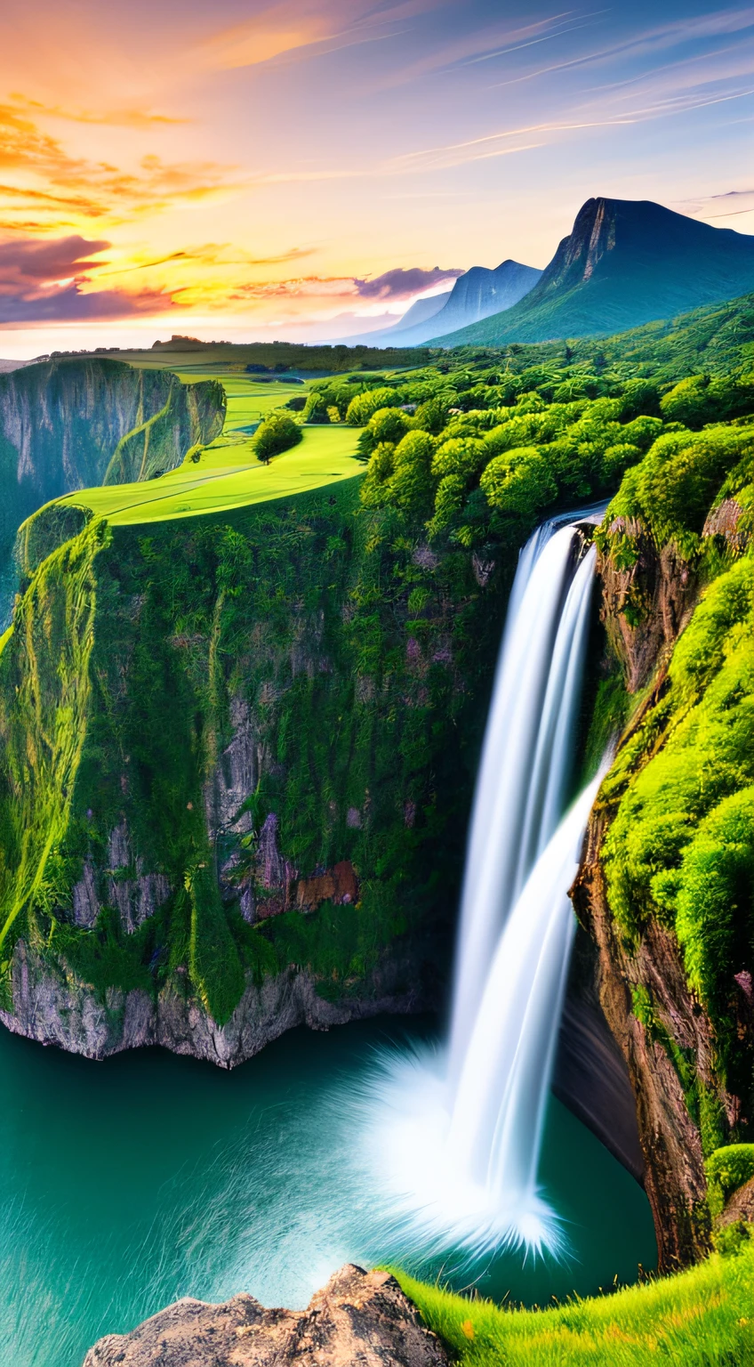Masterpiece, ultimate quality, Cg unity 8k wallpaper, super delicate, beautiful sky and clouds, rich natural scenery, cliffs, lakes and rivers, waterfalls and flying water, beautiful green mountains, no trace of people, excellent scenery, has already won a photo contest, background Blurring, full depth of field, HDR high dynamics, true restoration, intricate, extreme details, dramatic presentation, perfectly presenting the style of midjourney art.