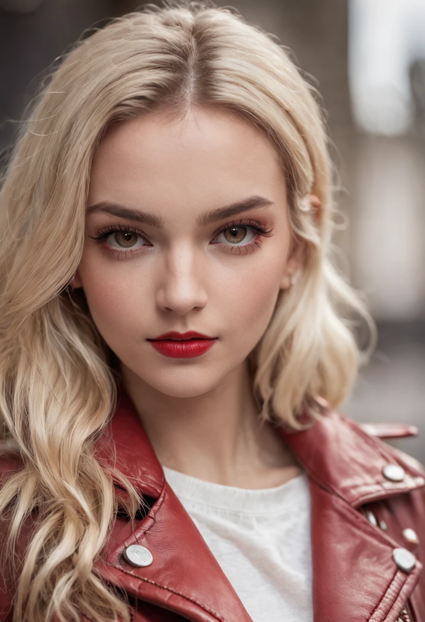 Blonde girl, short, red bandanna, leather jacket, thick eyebrows, long eyelash