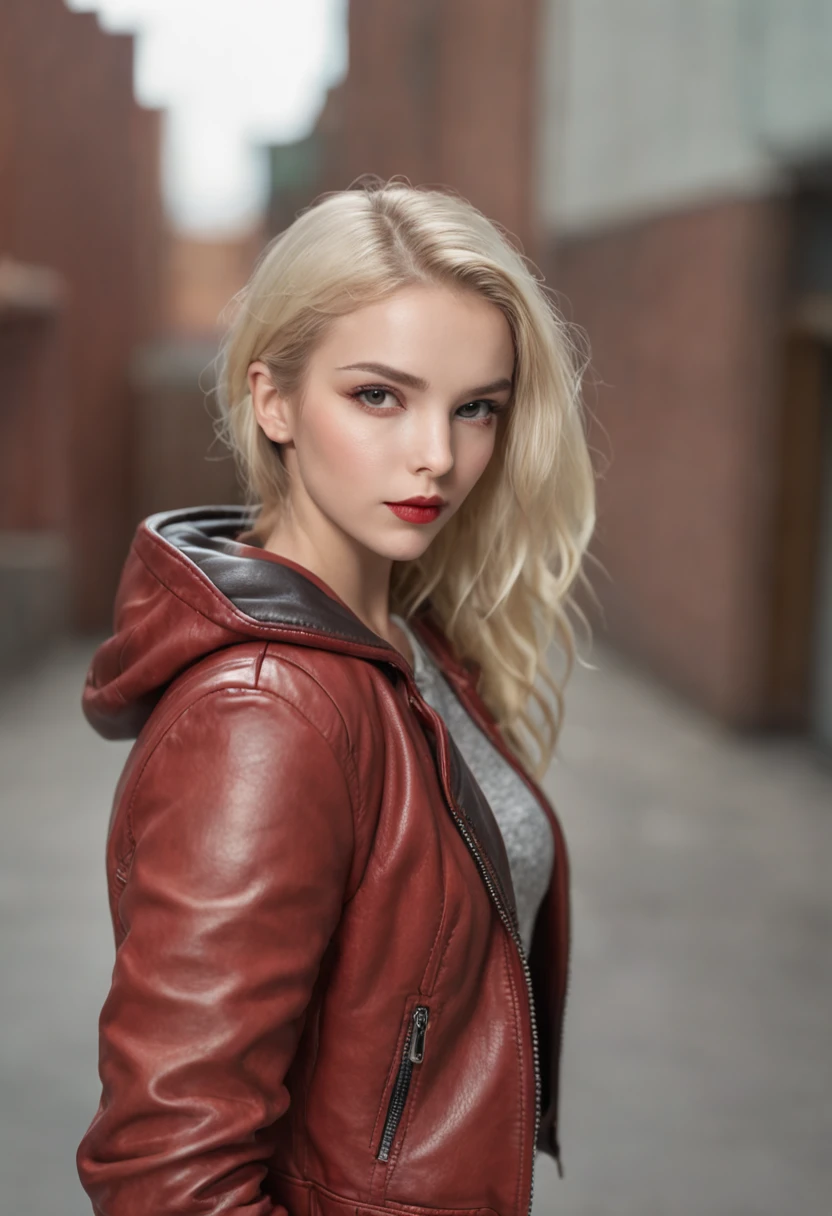 Blonde girl, short, red bandanna, leather jacket, thick eyebrows, long eyelash