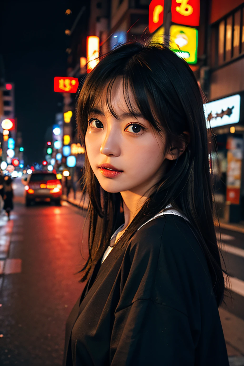 1girl, Tokyo street,night, cityscape,city lights, upper body,close-up, 8k, RAW photo, best quality, masterpiece,realistic, photo-realistic,