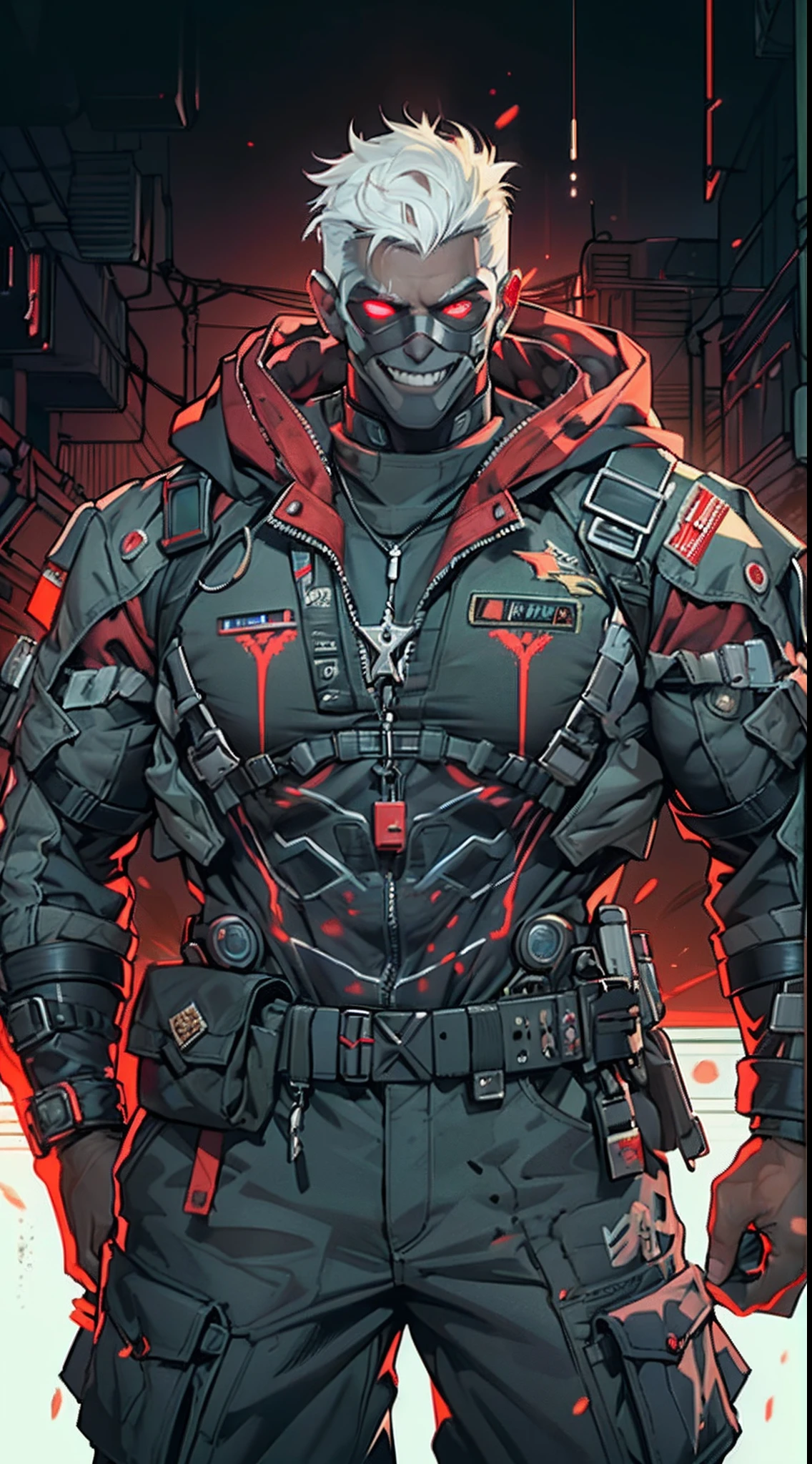 (1 Handsome Man)、(Very huge muscles)、(Unusually large muscles)、(Red cyberpunk military uniform all over the body:1.3)、(Red aura emanating from clothes:1.5)、(Military equipment:1.2)、(White hair)、(Cyberpunk Full Guard Mask:1.0)、(30-years old)、(confident grin:1.2)、(Dark hair)、(Top image quality)、(8K picture quality)、(masutepiece)、(Full body photo:1.3)、cinematric light, Cinema Shadow, Sharp Image, Extremely detailed,、beautiful effects, Muted colors, Highly detailed image textures, detailed hairs, Detailed face, Detailed eyes, Full body photo、Highly detailed image textures, detailed hairs, Detailed eyes、