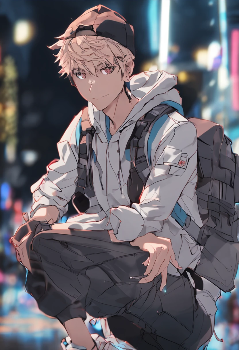 ((17 year old boy with light brown skin)),dancing pose,((Wear a hooded shirt)),((with brown eye))),looks into camera,A full face,((Cyberpunk night city in the background)),(((The starry sky of the full moon)),(((blue colors,Modern clothing in black and purple))),A smile appeared on his face,realistic shaded,detailed shadow,realistic raytraicing,Detailed light,Contour light,Pisif,art stations,超詳細,