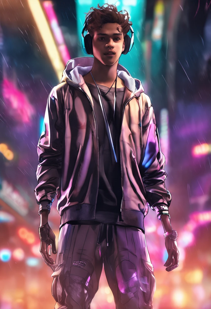 ((17 year old boy with light brown skin)),dancing pose,((Wear a hooded shirt)),((with brown eye))),looks into camera,A full face,((Cyberpunk night city in the background)),(((The starry sky of the full moon)),(((blue colors,Modern clothing in black and purple))),A smile appeared on his face,realistic shaded,detailed shadow,realistic raytraicing,Detailed light,Contour light,Pisif,art stations,超詳細,