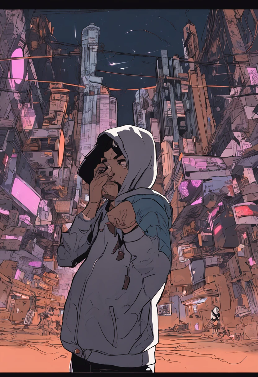 （（17 year old boy with light brown skin）），dancing pose，（（Wear a hooded shirt）），（（with brown eye））），looks into camera，A full face，（（Cyberpunk night city in the background）），（（（The starry sky of the full moon）），（（（blue colors，Modern clothing in black and purple））），A smile appeared on his face，realistic shaded，detailed shadow，realistic raytraicing，Detailed light，Contour light，Pisif，art  stations，超詳細，