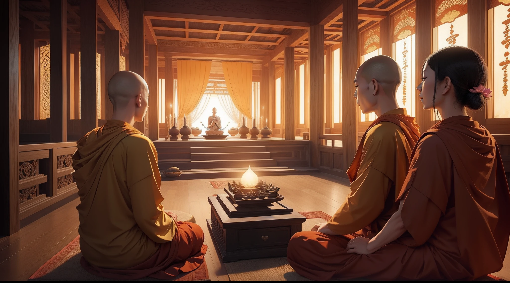 "mysterious and serene scene of chanting Buddhist monks surrounded by a large mystical lotus, radiating a sense of security, stability, and safety."