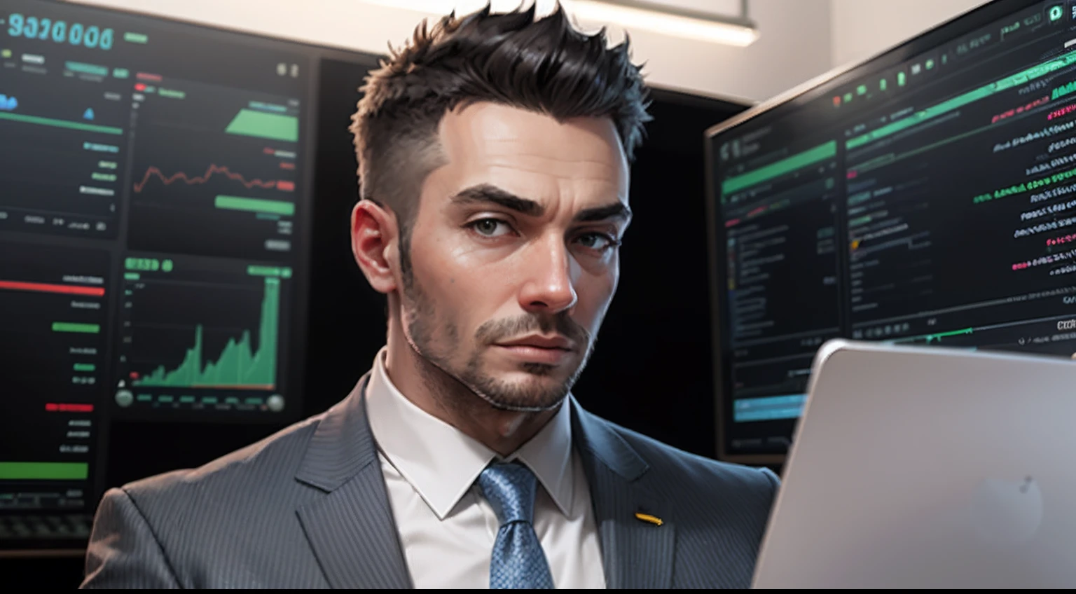 Businessman named Kolyo, ambitious, white Bulgarian face, looking at a computer screen, with investment chart