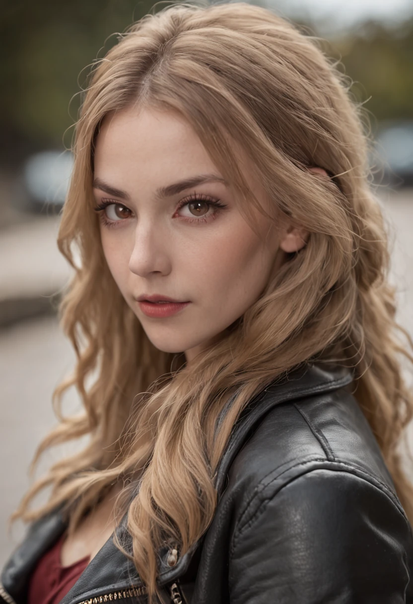 Blonde girl, long hair, short height, red headban, black leather jacket, thick eyebrows, long eyelash