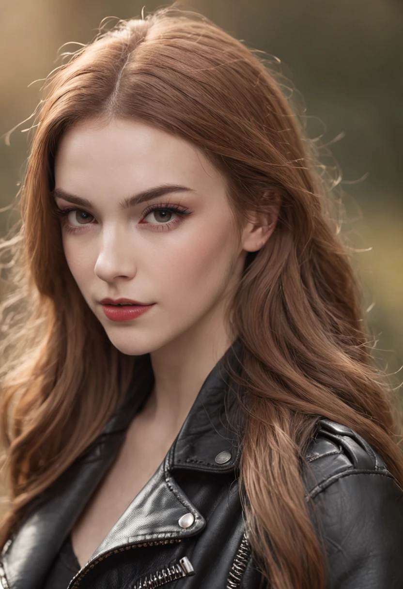 Blonde girl, long hair, short height, red headban, black leather jacket, thick eyebrows, long eyelash