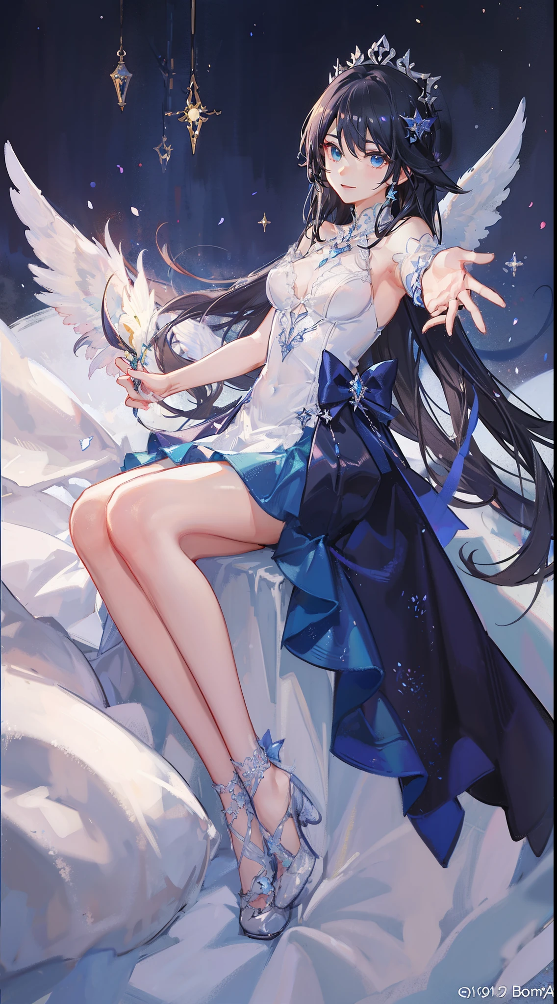 For long dark hair、Game loving angel with indigo eyes、In the fantastic sky game world、Holding the game controller in one hand、Draw with arms outstretched, as if inviting them.。
Angel attire、I'm wearing a beautiful emerald dress.。
The dress has、Comes with angel wings and angel rings。
The shade of the background is、Keep it bright with fantastic blue。
The angel's expression is、Smiling happily、Make sure you enjoy the game。