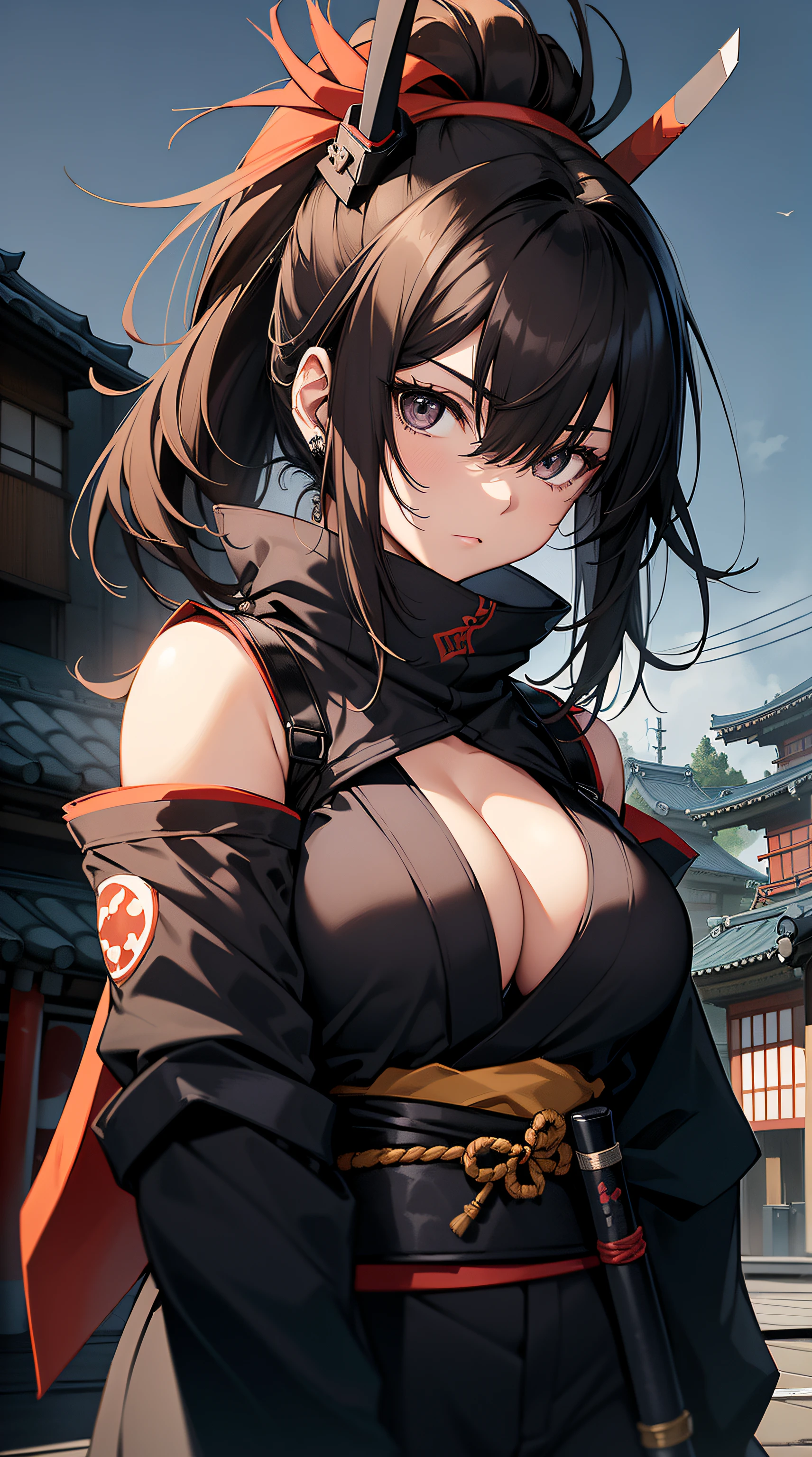 top-quality、Top image quality、​masterpiece、teens girl((18year old、Red Ninja Suit、big bast、Bust 100、A dark-haired、poneyTail、Breasts wide open,Show cleavage、Black eye、Strong eye power、Black Hachimaki、holding a katana、Ready for Battle、Reflecting the whole body)）hiquality、visualart、Background with((World of Japan、Black sky、On the roof))、