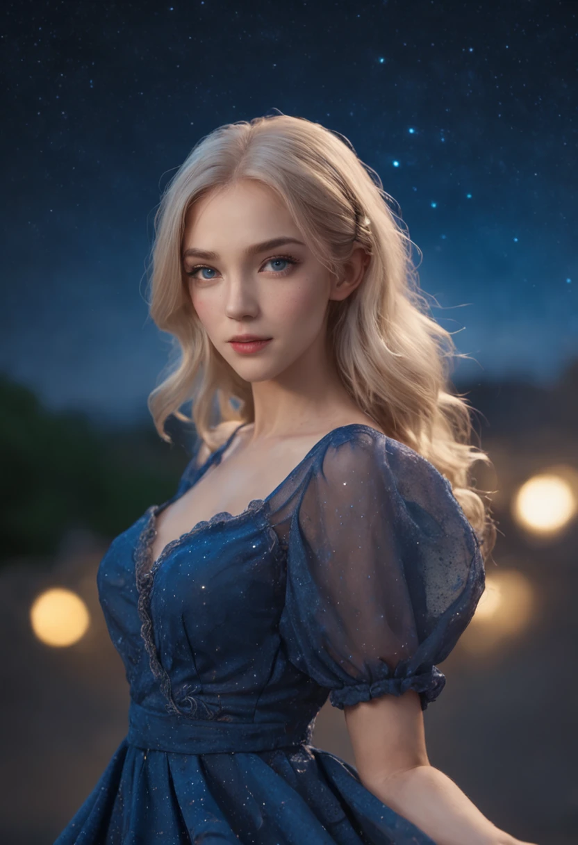 masterpiece, max quality, ultra-detailed, starry sky, cloud, cinematic light and shadow effects, vibrant colors, full moon night, blue dress, green eyes, blonde hair.