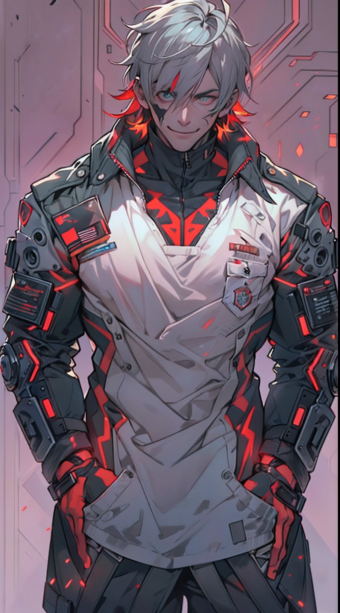 (1 Handsome Man)、(Very huge muscles)、(Unusually large muscles)、(Red cyberpunk military uniform all over the body:1.3)、(Red aura emanating from clothes:1.5)、(Military equipment:1.2)、(White hair)、(Venom's Mask:1.0)、(30-years old)、(confident grin:1.2)、(Dark hair)、(Top image quality)、(8K picture quality)、(masutepiece)、(Full body photo:1.3)、cinematric light, Cinema Shadow, Sharp Image, Extremely detailed,、beautiful effects, Muted colors, Highly detailed image textures, detailed hairs, Detailed face, Detailed eyes, Full body photo、Highly detailed image textures, detailed hairs, Detailed eyes、