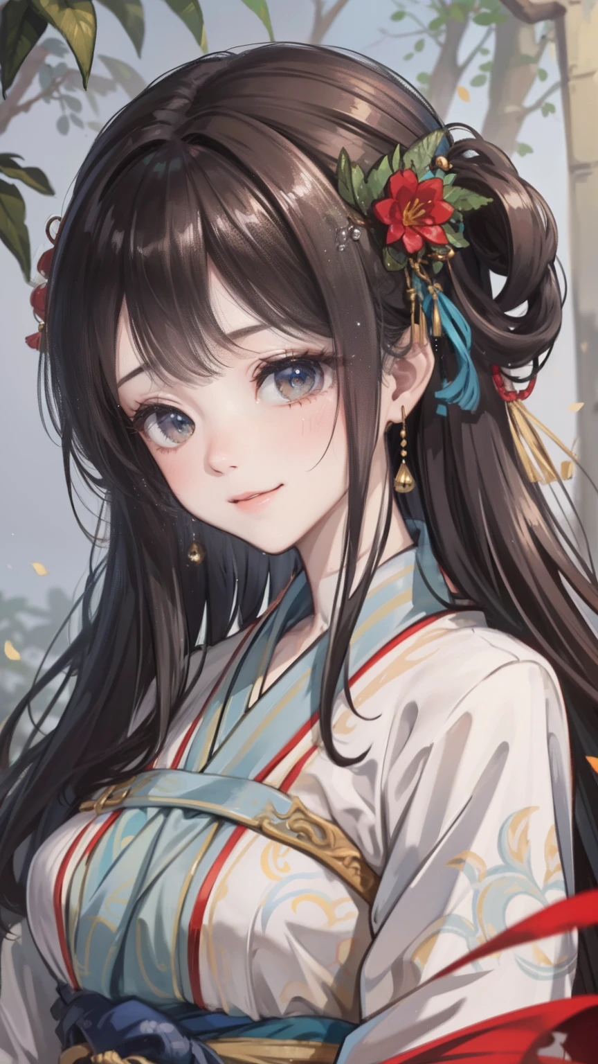 "the Extremely Detailed CG Unity 8K Wallpapers，tmasterpiece，Best picture quality，【😊Colored Forest，depth of fields，A large number of splashed droplets:1.2，petals，Toys surround，ventania，Foliage，grassy fields，volumettic light】brunette color hair，chineseidol，Be red in the face，Hanfu，ssmile，Half of your body is in water，Chinese style Hanfu，Air bangs，