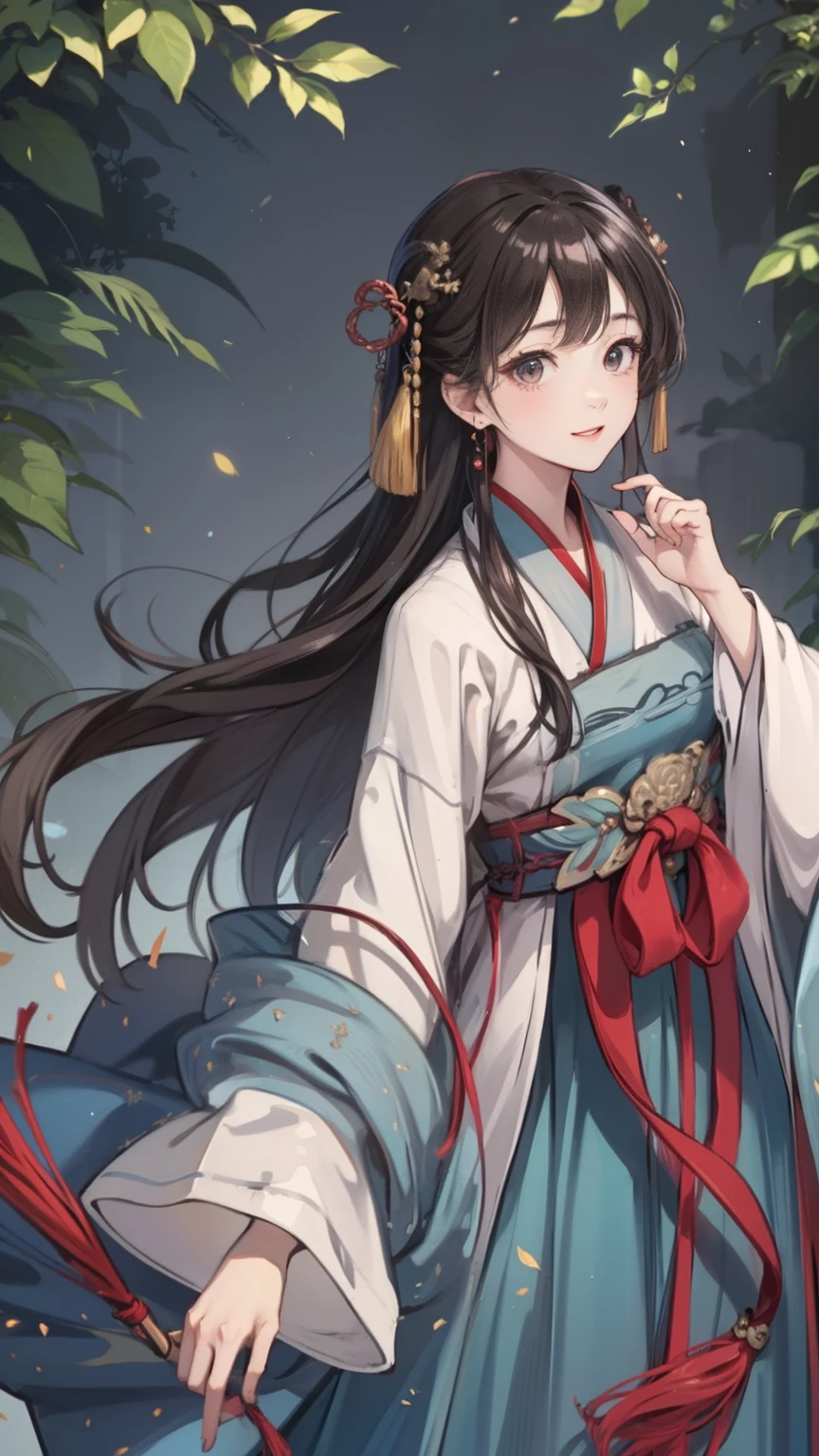 "the Extremely Detailed CG Unity 8K Wallpapers，tmasterpiece，Best picture quality，【😊Colored Forest，depth of fields，A large number of splashed droplets:1.2，petals，Toys surround，ventania，Foliage，grassy fields，volumettic light】brunette color hair，chineseidol，Be red in the face，Hanfu，ssmile，Half of your body is in water，Chinese style Hanfu，Air bangs，