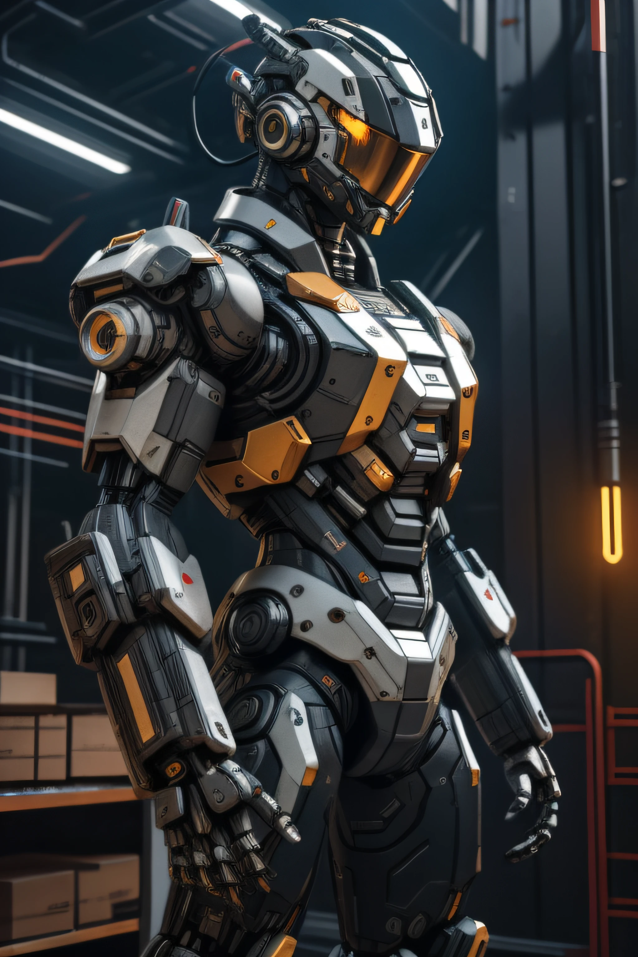 (masterpiece, best quality), intricate details, photo, realistic, unreal engine,
Mecha, humanoid robot, robot, robot joints, joints, helmet, armor, robot man, new, cyberpunk warehouse, computer terminals, arcing electricity, sp3ct4, dark atmosphere,