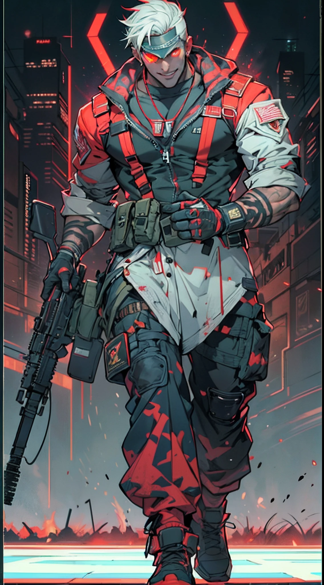 (1 Handsome Man)、(Very huge muscles)、(Unusually large muscles)、(Red cyberpunk military uniform all over the body:1.3)、(Red aura emanating from clothes:1.5)、(Military equipment:1.2)、(White hair)、(Cyberpunk Full Guard Mask:1.0)、(30-years old)、(confident grin:1.2)、(Dark hair)、(Top image quality)、(8K picture quality)、(masutepiece)、(Full body photo:1.3)、cinematric light, Cinema Shadow, Sharp Image, Extremely detailed,、beautiful effects, Muted colors, Highly detailed image textures, detailed hairs, Detailed face, Detailed eyes, Full body photo、Highly detailed image textures, detailed hairs, Detailed eyes、