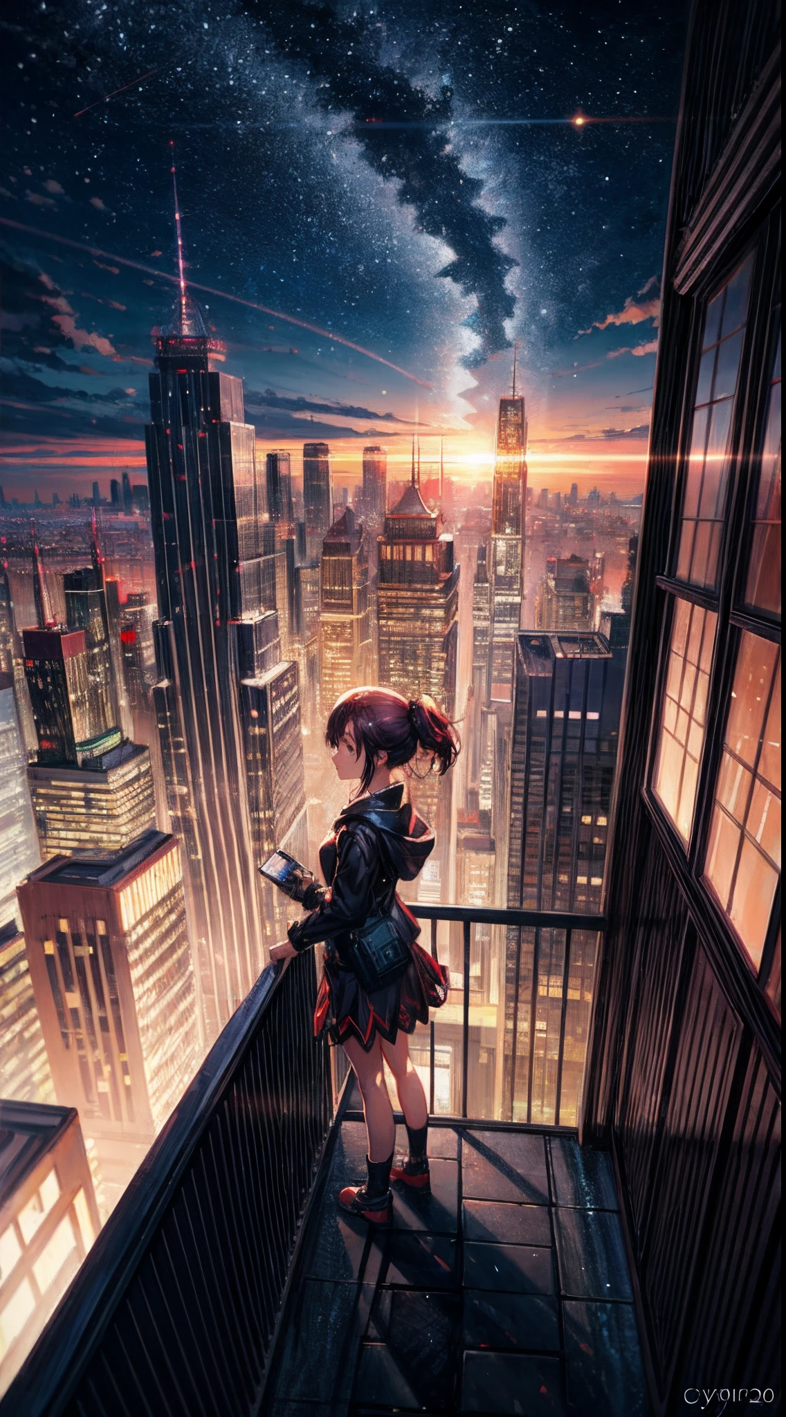 Anime girl looking at big city landscape from a height,Near Future City、 makoto shinkai cyril rolando, anime art wallpaper 4k, anime art wallpaper 4k, Anime art wallpaper 8k, inspired by Cyril Rolando, in the style dan mumford artwork, amazing wallpapers, by Yuumei