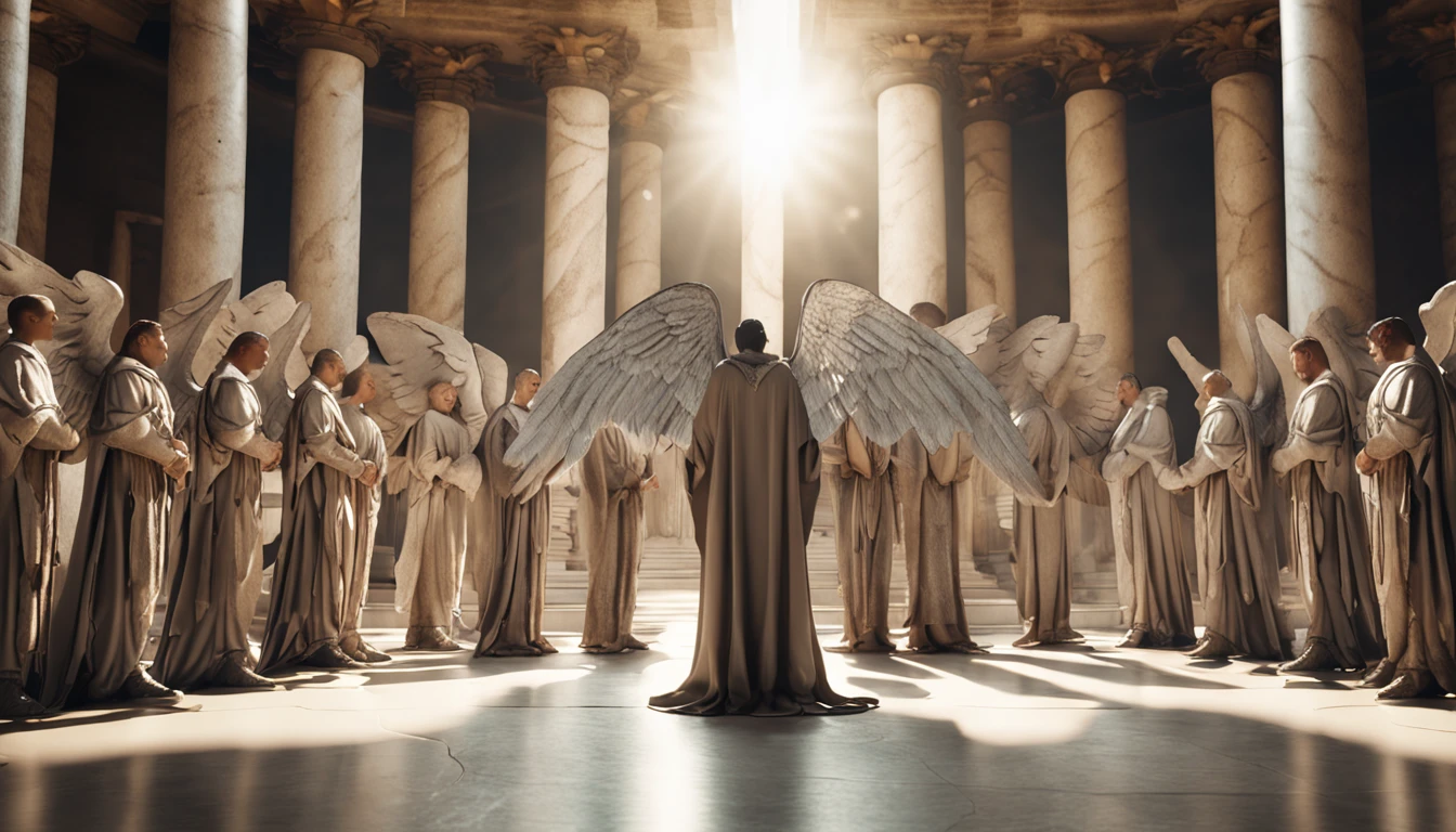 groups male ancient angels of light bodies with wings group knelt, various camera angle, high contrast, smooth dslr photo, cinematic lighting, ultra realistic model render, HDR film grading quality