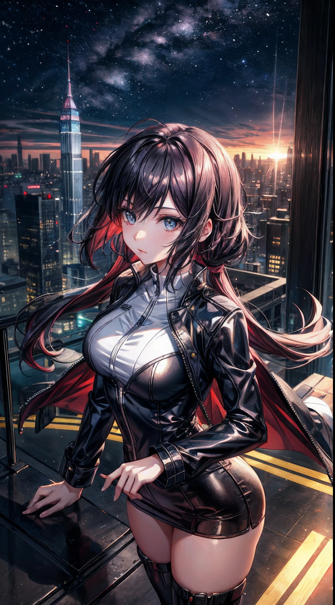 Anime girl looking at big city landscape from a height,Near Future City、 makoto shinkai cyril rolando, anime art wallpaper 4k, anime art wallpaper 4k, Anime art wallpaper 8k, inspired by Cyril Rolando, in the style dan mumford artwork, amazing wallpapers, by Yuumei