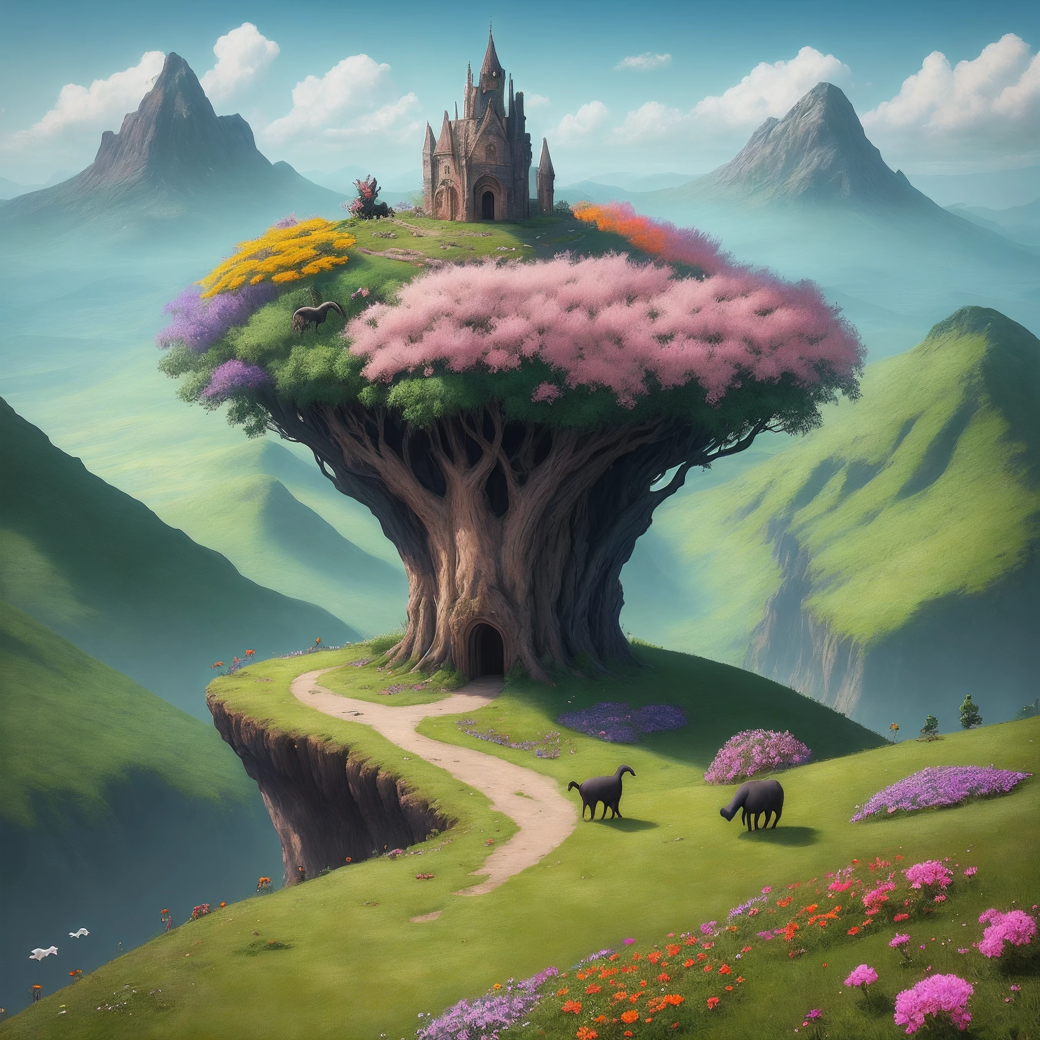 Mysterious landscape, many strange creatures, full of colorful flowers