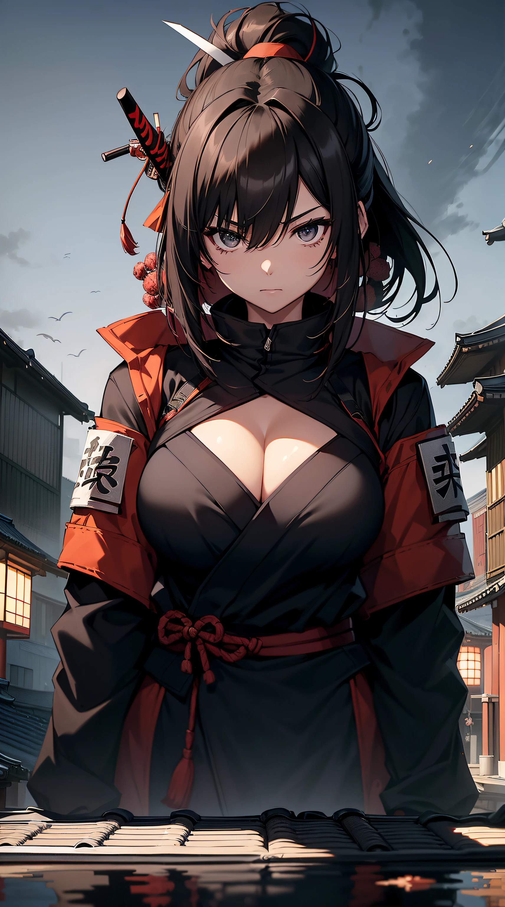 top-quality、Top image quality、masterpiece、teens girl((18year old、Red Ninja Suit、big bast、Bust 100、A dark-haired、poneyTail、Breasts wide open,Show cleavage、Black eye、Strong eye power、Black Hachimaki、holding a katana、Ready for Battle、Reflecting the whole body))hiquality、visualart、Background with((World of Japan、Black sky、On the roof))、