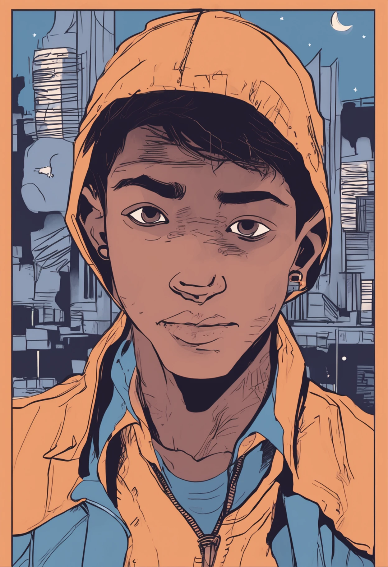 (( boy with light brown skin)),dancing pose,((Wear a hooded shirt)),((with brown eye))),looks into camera,A full face,((Cyberpunk night city in the background)),(((The starry sky of the full moon)),(((blue colors,Modern clothing in black and purple))),A smile appeared on his face,realistic shaded,detailed shadow,realistic raytraicing,Detailed light,Contour light,Pisif,art stations,ultra-detailliert,