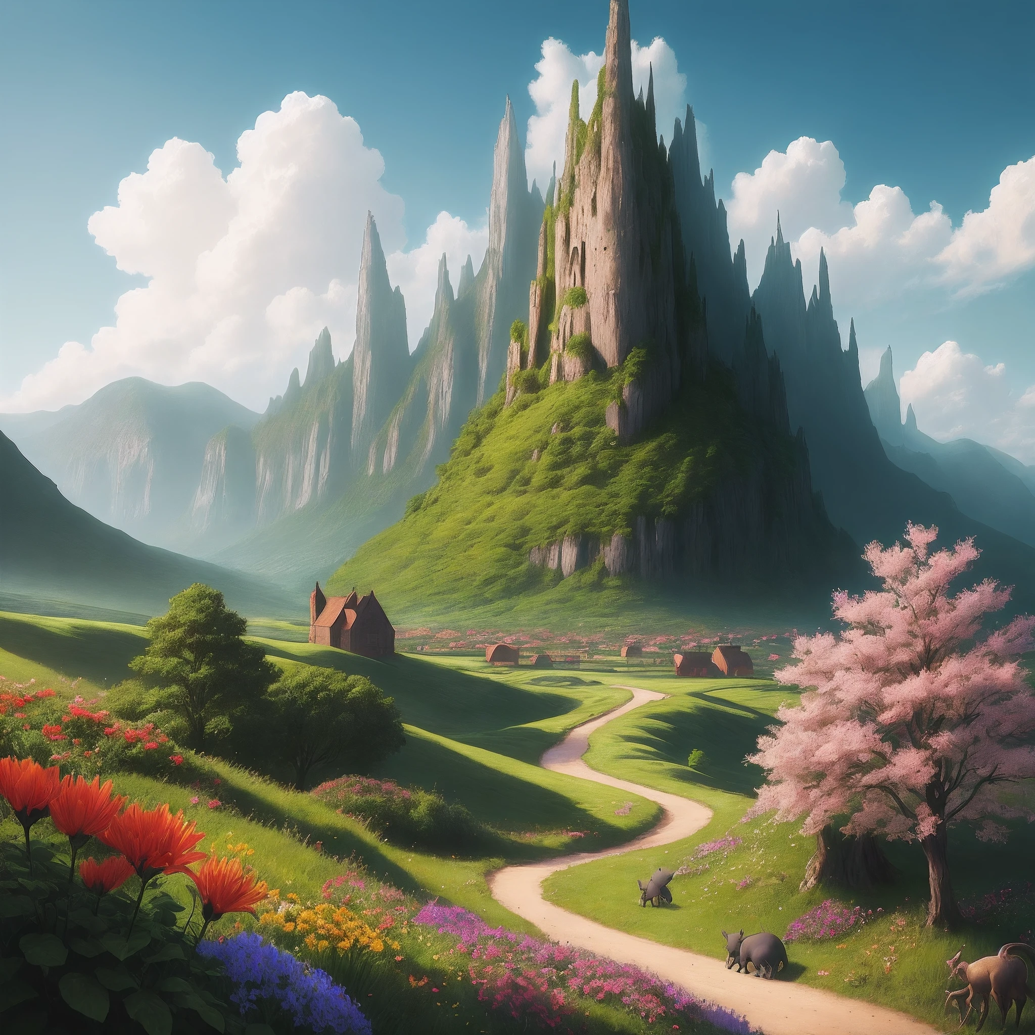 Mysterious landscape, many strange creatures, full of colorful flowers