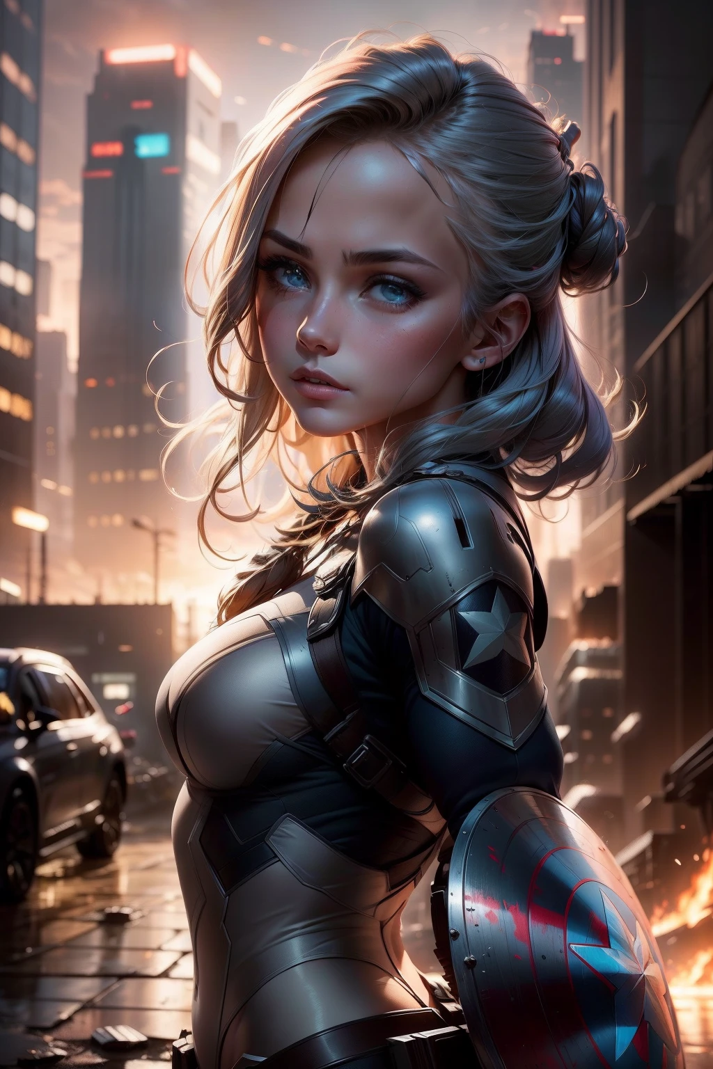 (1girl:1.3), Only, __Body Parts__, Official Art, Unified 8k wallpaper, super detailed, Beautiful and Aesthetic, beautiful, master piece, best quality, ..RAW, master piece, super fine photo, best quality, Super High Resolution, photorealistic realism, sunlight from the ground, full length portrait, incredible beauty, dynamic pose, delicate face, vibrant eyes, (from the front) she is wearing a Captain America suit, blue and white color scheme , star symbol, captain america shield, very detailed abandoned warehouse background, detailed face, detailed complex busy background, messy, gorgeous, milky white, highly detailed skin, realistic skin details, visible pores, sharp focus, volumetric fog, 8k UHD, DSLR, high quality, filmic grain, light skin, photorealism, Lomography, huge metropolis in future dystopia, seen from below, translucent