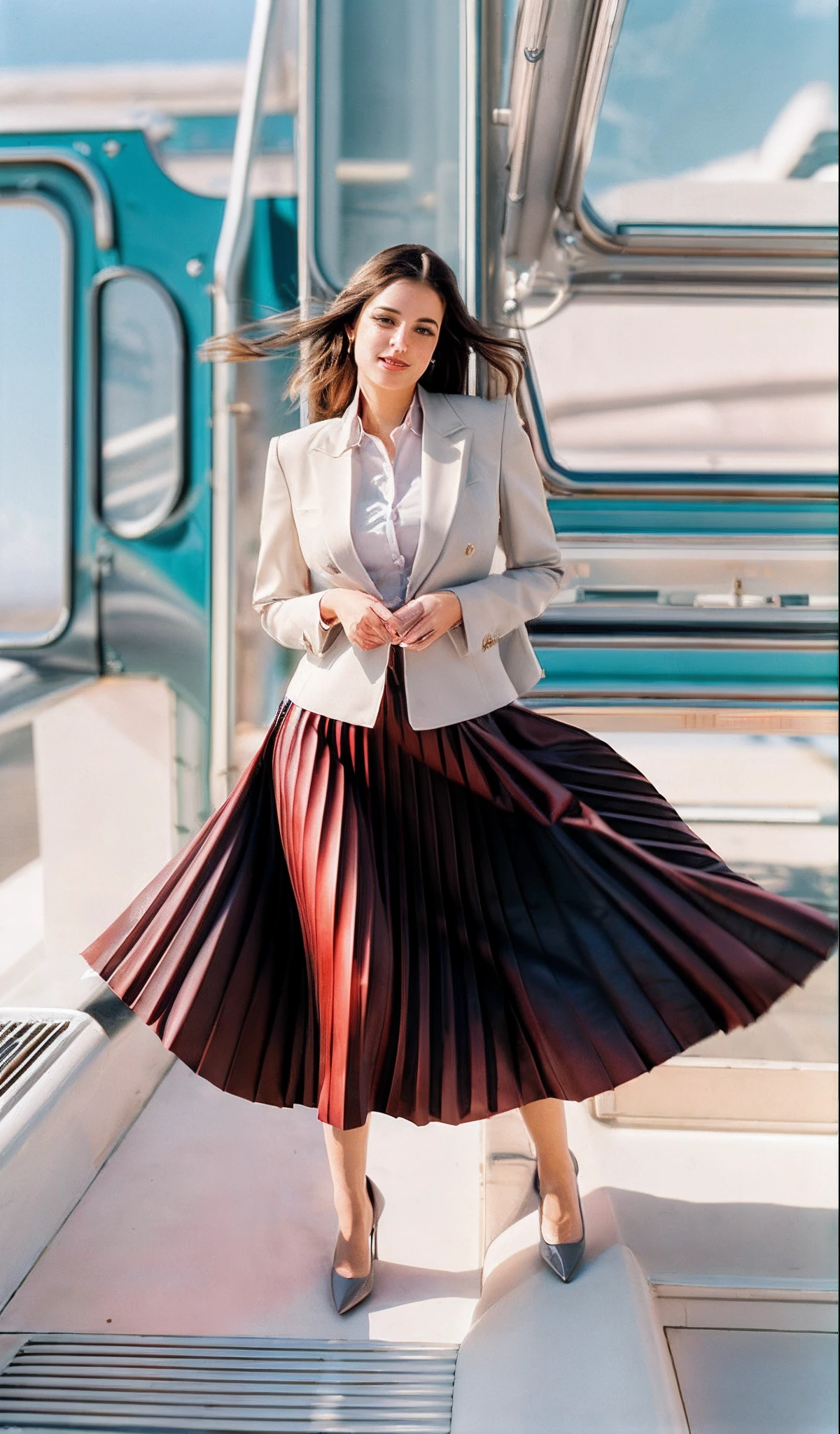 year 1994, lesbian space therapist, very (flirty:1,5) smiling good women wearing a short blazers and very very detailed (long (fully pleated) full circle skirts) and (simple) low heeled office shoes, very very intricate hyper-detailed symmetric (attractive graceful young feminine faces) with (sad, tired eyes and a shy smile), large breasts, full of empathy and compassion and love, (pronounced (feminine) features), (highly detailed ultra accurate realistic) hands and fingers, (windy conditions and wind blowing), epic composition, highly detailed attributes, highly detailed atmosphere, (35mm f1.4 Kodak portra 400 photograph), extremely high quality RAW photograph,