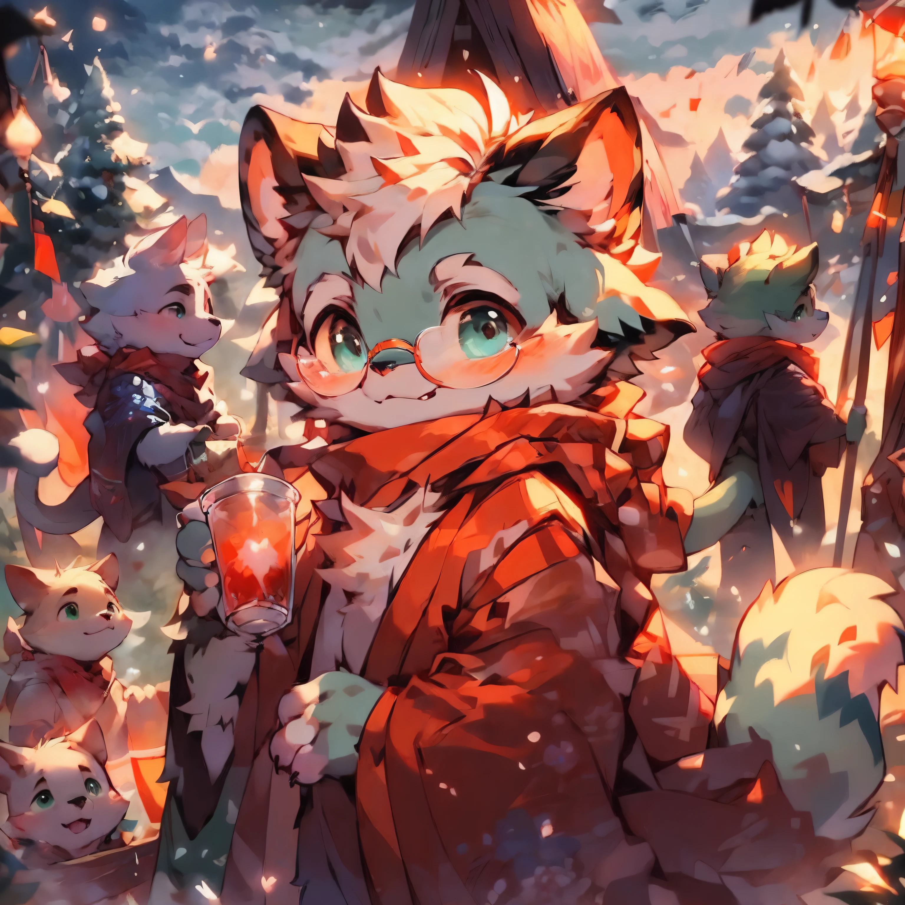 fully grown and mature adult cat with big circle glasses and a red scarf, a handsome cat fursona with teal fur color, the chest has white fur, white fur around mouth and cheeks, white hair, fluffy black cat ears, fluffy white neck, he is in a snowy place looking up to the snowy sky with a bright smile. snowy landscape. bushy tail, and perked up fluffy big ears. He wears a fluffy warm and cozy kimono, he is holding a warm cup of cacao. His eyes are bright with wonder as he surveys the snowy woods outside the cabin, a lot of snowflakes falls down from the sky. The young adult cat has a relaxed expression, ready to explore the outside world. big trees covered by snow in the background. there are steep and tall mountains in the background covered in snow, zoomed-out pov