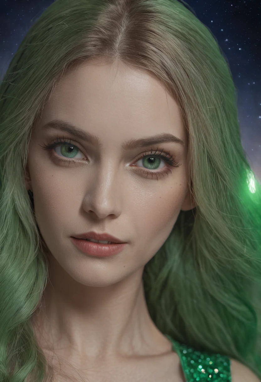 masterpiece, max quality, ultra-detailed, starry sky, cloud, cinematic light and shadow effects, vibrant colors, full moon night, green dress, green eyes, blonde hair.