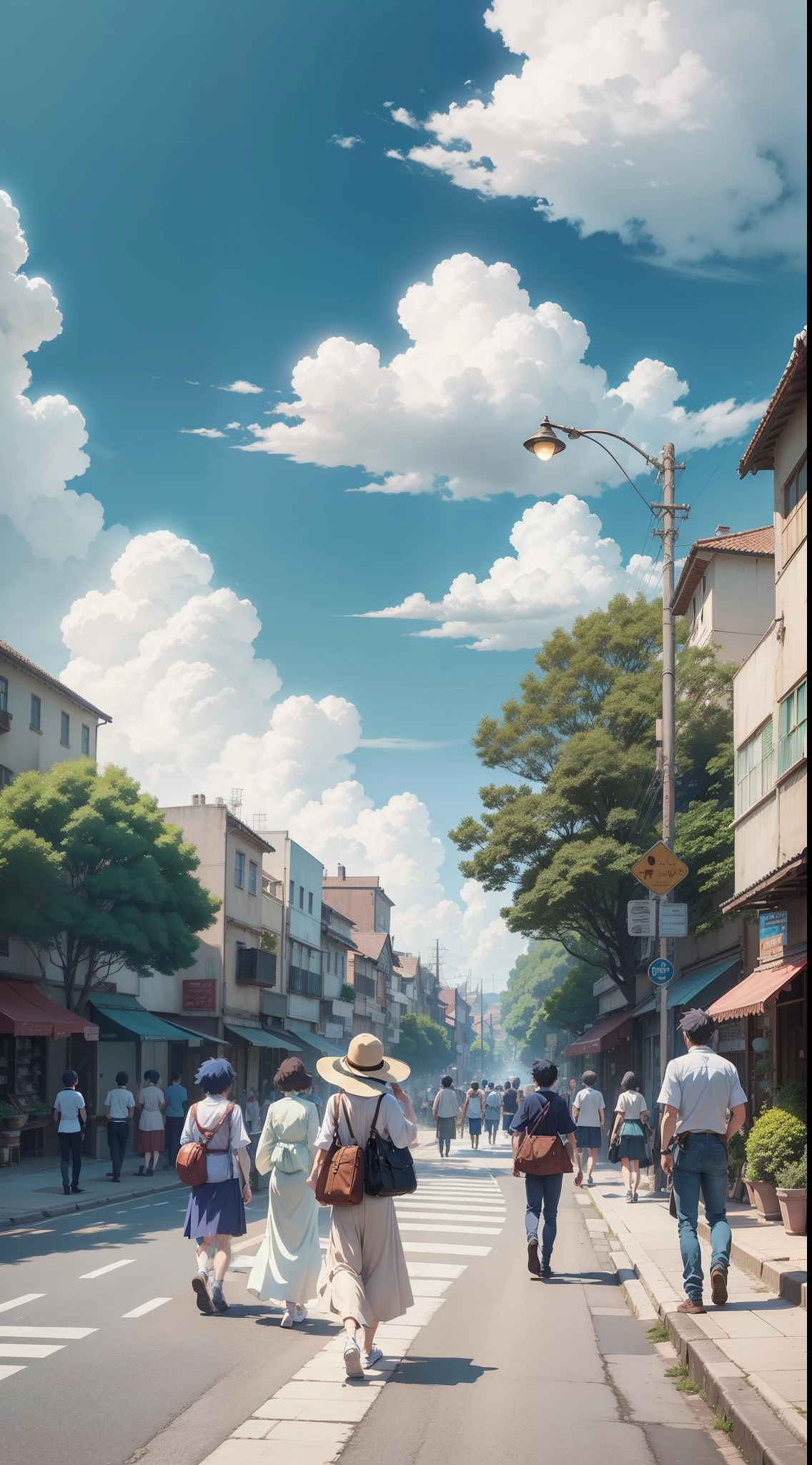 the city street, with blue sky and white clouds, summer, cool, in style of hayao miyazaki, Ghibli-like colours, anime style, cinematic lighting, three sided view, panorama, UHD, anatomically correct, super detail, no add human