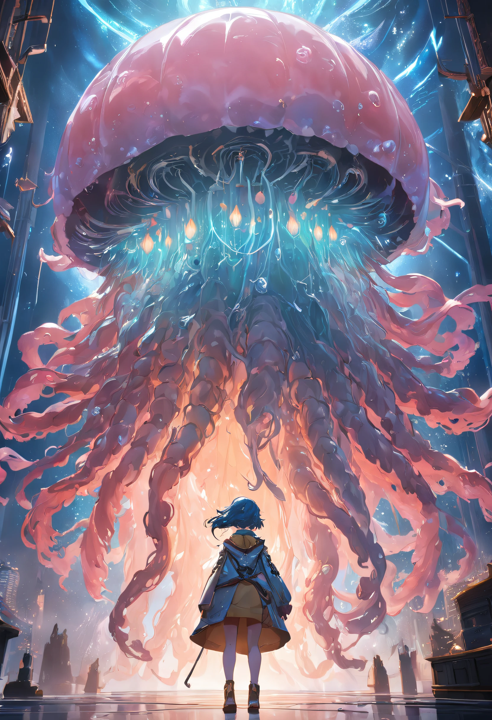 (extremely detailed CG unity 16k wallpaper:1.1), (Denoising strength: 1.45), (tmasterpiece:1.37), A spirit man half-turned into a jellyfish, Unreal Engine 5, Color grading, Hyper-detailed, beautifully color-coded, insanely details, Intricate details, beautifully color-graded, illusory engine, editorial photography, photoshoot, Shot on 70mm lense, degrees of freedom, 32K, Hyper-Resolution, Cinematic, Portrait photography, Ultra-wide angle, Depth of field, Depth of field, god rays, sparkle, glowing light