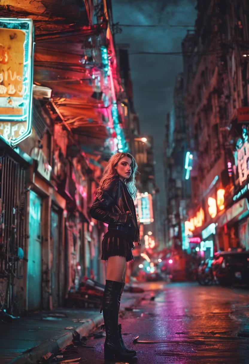 A young 13-year-old teenager from Sweden takes photos with a Canon EOS R 6 camera, background: Nightclubs on a street lit with red lamps. The girl is wearing a long black dress. The girl has exceptionally long light blonde hair (the hair is ruffled and disorderly). A view reminiscent of scenes from the films "Spring Breakers" and "Fast and Fourius". The images are of the highest quality (best quality, 8K resolution, high resolution: 1.2), providing extremely detailed and photorealistic visual effects. This scene contains special effects and decorations from the movie "lost girl", creating a dynamic and lively atmosphere. There are various symbols and elements around the girl, which represent a teenage girl lost on vacation, a handbag, a smartphone, a stylish backpack, etc. The red lighting is unique, uniform created to bring out the vibrant colors of the artwork. Composition: Capture the uncertainty and innocence of a girl posing for the perfect photo. The camera shows the girl from different angles and directions