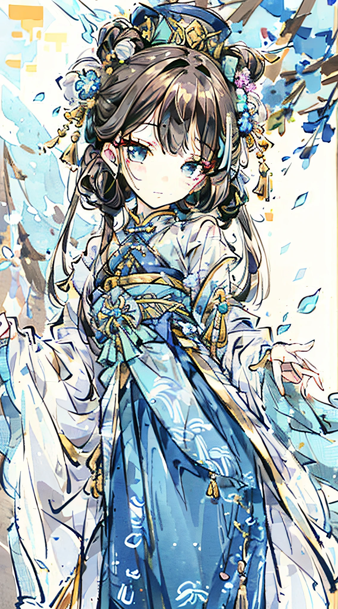 The girl wears a blue and white porcelain style Hanfu,Her clothes are mainly blue,It is covered with various small flower patterns,The neckline and hem are outlined with gold thread,Brings out the texture of the clothes,Her hair is coiled in a bun,Wearing a small hat
