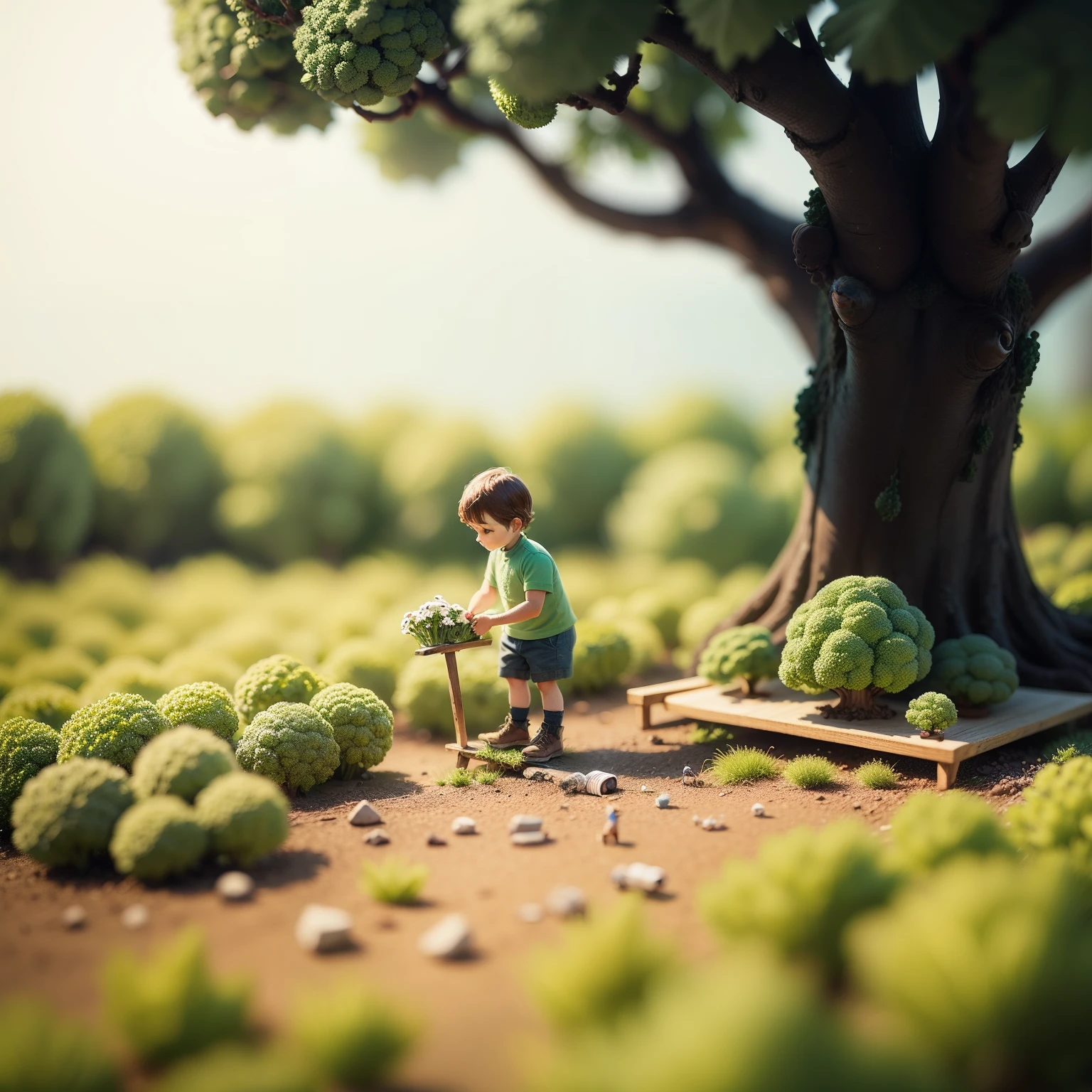 tiny little people is picking broccoli under the broccoli tree with a ladder, There are flowers and grass on the ground, natural light, miniature, semi blur background, clear details, tilt-shift, macro photography, isometric, 3d