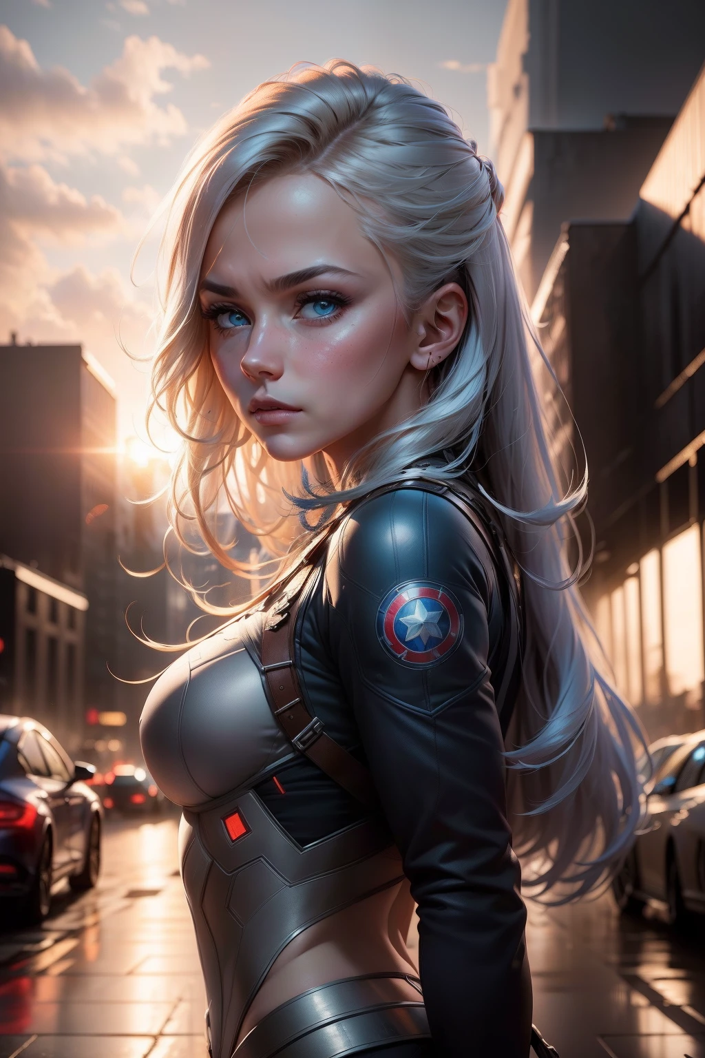 (1girl:1.3), Only, __Body Parts__, Official Art, Unified 8k wallpaper, super detailed, Beautiful and Aesthetic, beautiful, master piece, best quality, ..RAW, master piece, super fine photo, best quality, Super High Resolution, photorealistic realism, sunlight from the ground, full length portrait, incredible beauty, dynamic pose, delicate face, vibrant eyes, (from the front) she is wearing a Captain America suit, blue and white color scheme , star symbol, captain america shield, very detailed abandoned warehouse background, detailed face, detailed complex busy background, messy, gorgeous, milky white, highly detailed skin, realistic skin details, visible pores, sharp focus, volumetric fog, 8k UHD, DSLR, high quality, filmic grain, light skin, photorealism, Lomography, huge metropolis in future dystopia, seen from below, translucent