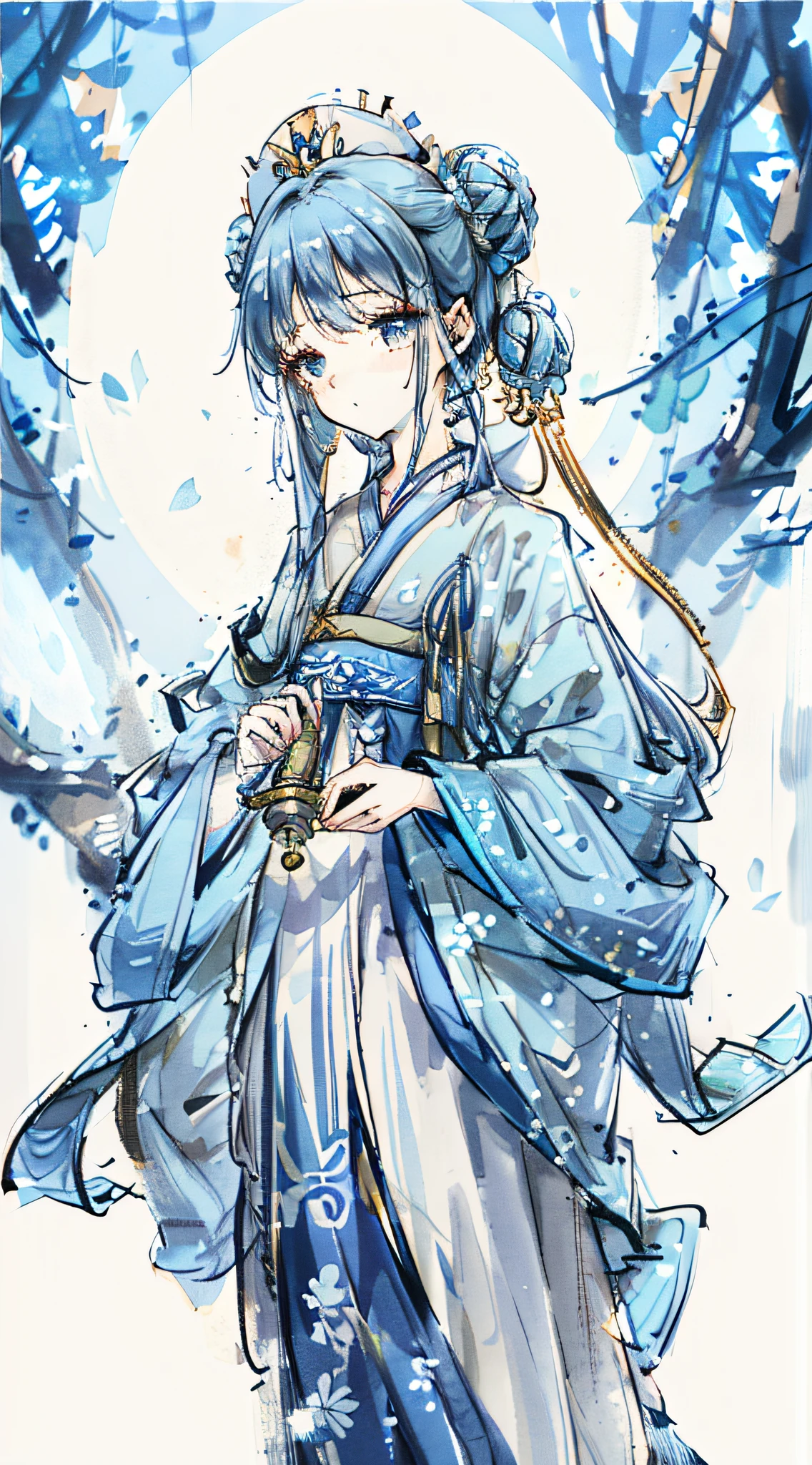 The girl wears a blue and white porcelain style Hanfu,Her clothes are mainly blue,It is covered with various small flower patterns,The neckline and hem are outlined with gold thread,Brings out the texture of the clothes,Her hair is coiled in a bun,Wearing a small hat