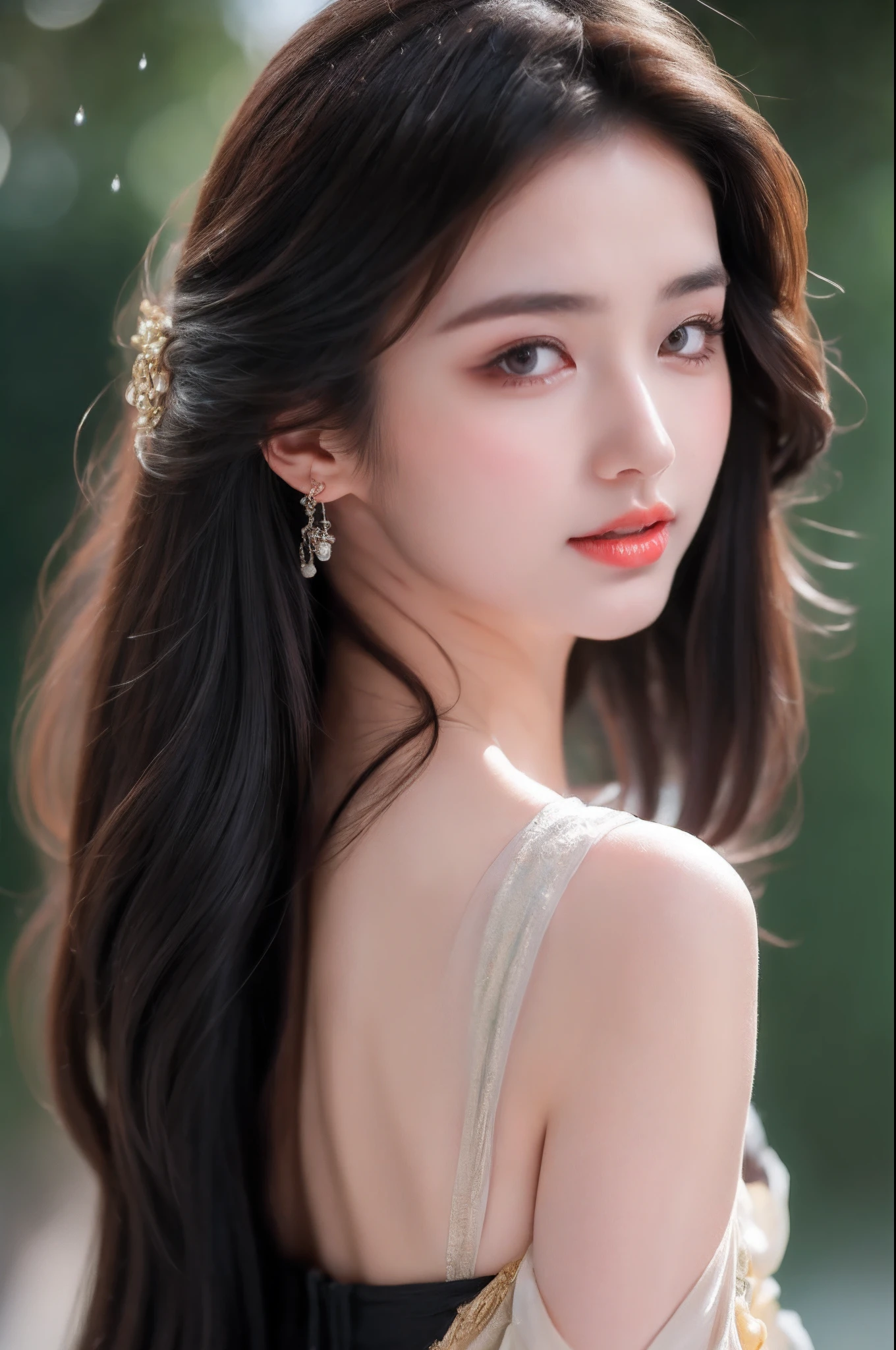 ((Best Quality, 8k, Masterpiece: 1.3)), Focus: 1.2, Perfect Body Beauty: 1.4, Buttocks: 1.2, ((Layered Haircut)), (Wet Clothes: 1.1), (Rain, Street:1.3), (Breasts: 1.2), (Hanfu: 1.2), Bare Shoulders, Bare Legs, Highly Detailed Face and Skin Texture, Fine Eyes, Double Eyelids, Whitened Skin, Long Hair, (Shut Up: 1.5), (Bokeh Background: 1.5), Big Breasts