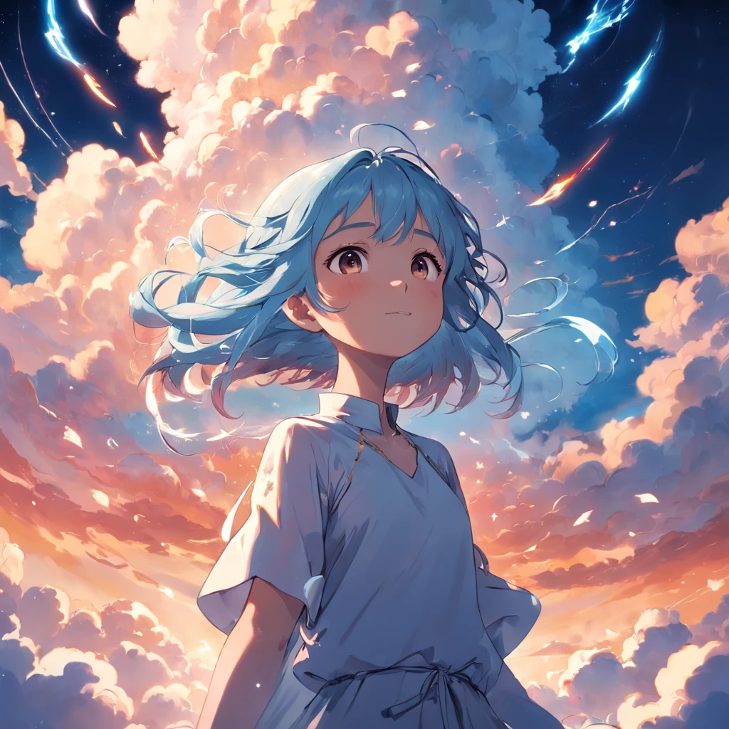 masterpiece, best quality, movie still, 1girl, cloud girl, floating in the sky, close-up, bright, happy, warm soft lighting, sunset, (sparks:0.7)