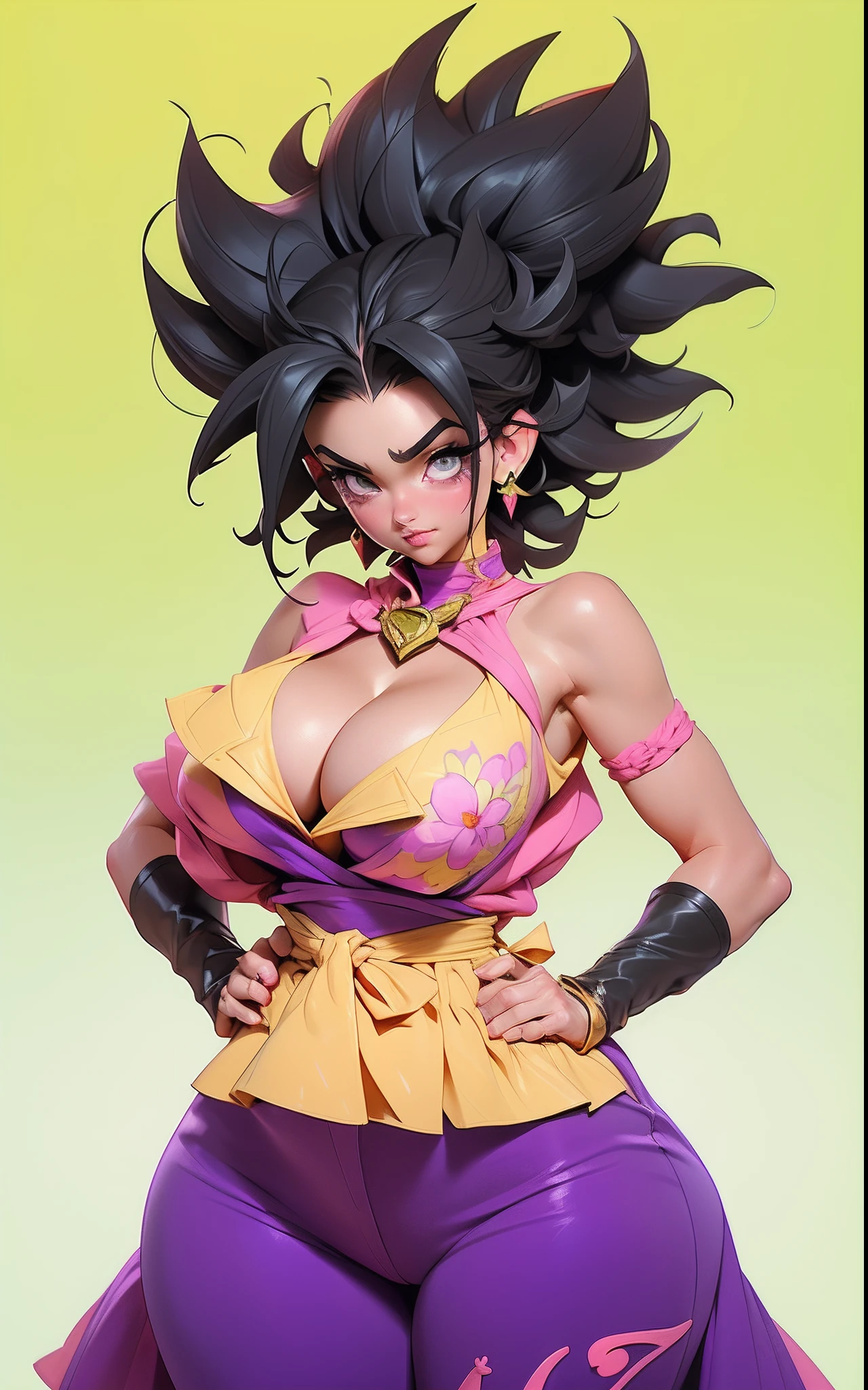 ((Best quality)), ((Masterpiece)), ((Realstic)) and ultra-detailed pchaudography, Caulifla, Pretty Girl Cauliflafrom Dragon Ball Super, spiky black hair, Jolie fille, cheveux jaune clair, parti, neon light. Elle a ((cheveux noir)), crop top pink, gigantic breast, very wide purple pants , ((beautiful and aesthetic)), sexy, gros seins, chaud, grosse poitrine