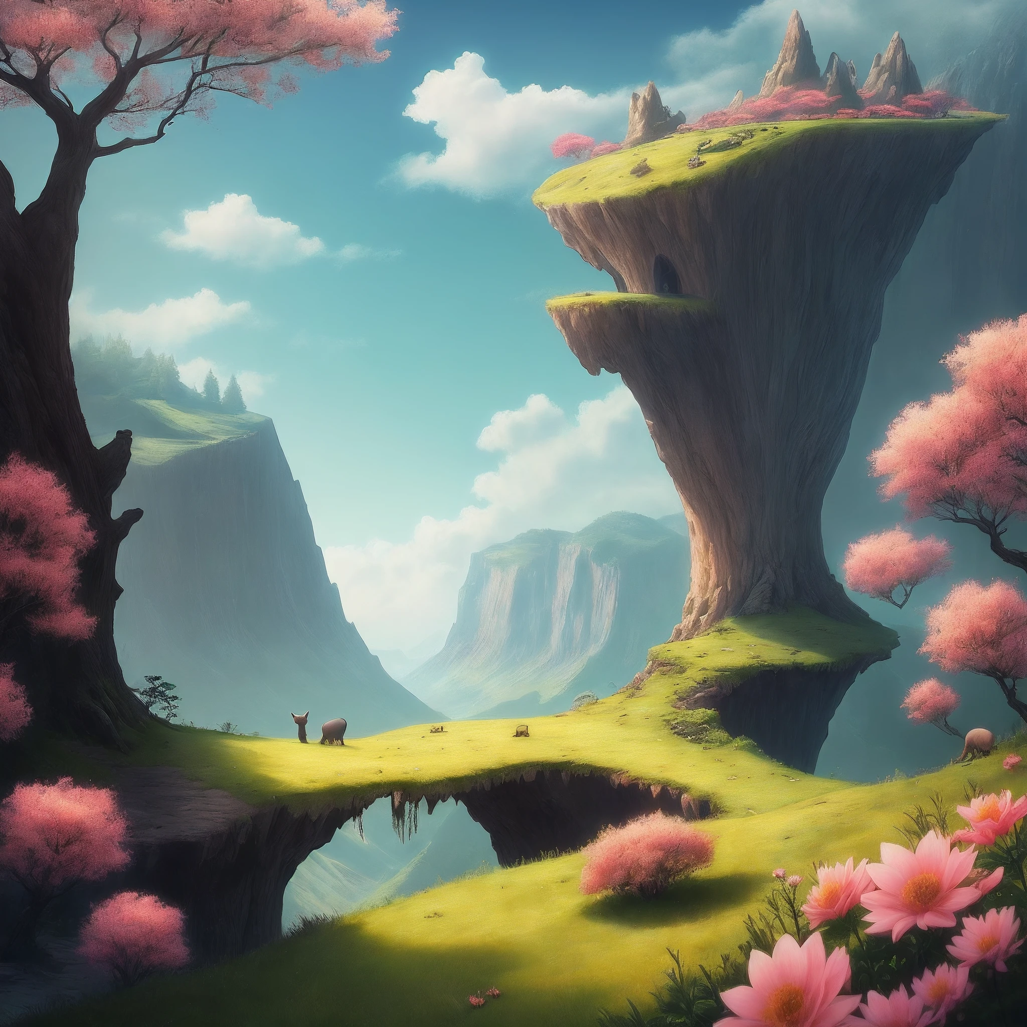 Mysterious landscape, many strange creatures, full of colorful flowers