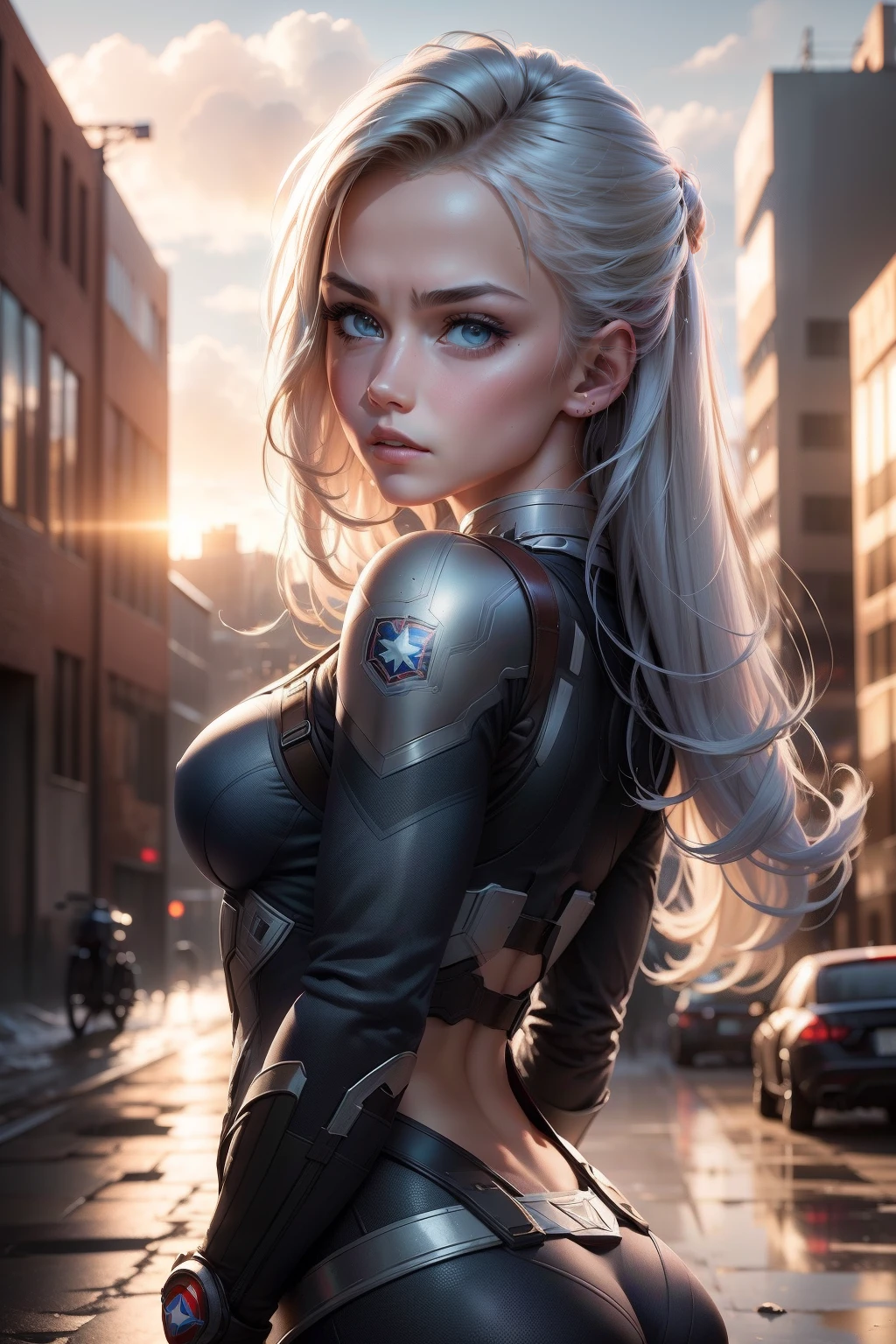 (1girl:1.3), Only, __Body Parts__, Official Art, Unified 8k wallpaper, super detailed, Beautiful and Aesthetic, beautiful, master piece, best quality, ..RAW, master piece, super fine photo, best quality, Super High Resolution, photorealistic realism, sunlight from the ground, full length portrait, incredible beauty, dynamic pose, delicate face, vibrant eyes, (from the front) she is wearing a Captain America suit, blue and white color scheme , star symbol, captain america shield, very detailed abandoned warehouse background, detailed face, detailed complex busy background, messy, gorgeous, milky white, highly detailed skin, realistic skin details, visible pores, sharp focus, volumetric fog, 8k UHD, DSLR, high quality, filmic grain, light skin, photorealism, Lomography, huge metropolis in future dystopia, seen from below, translucent