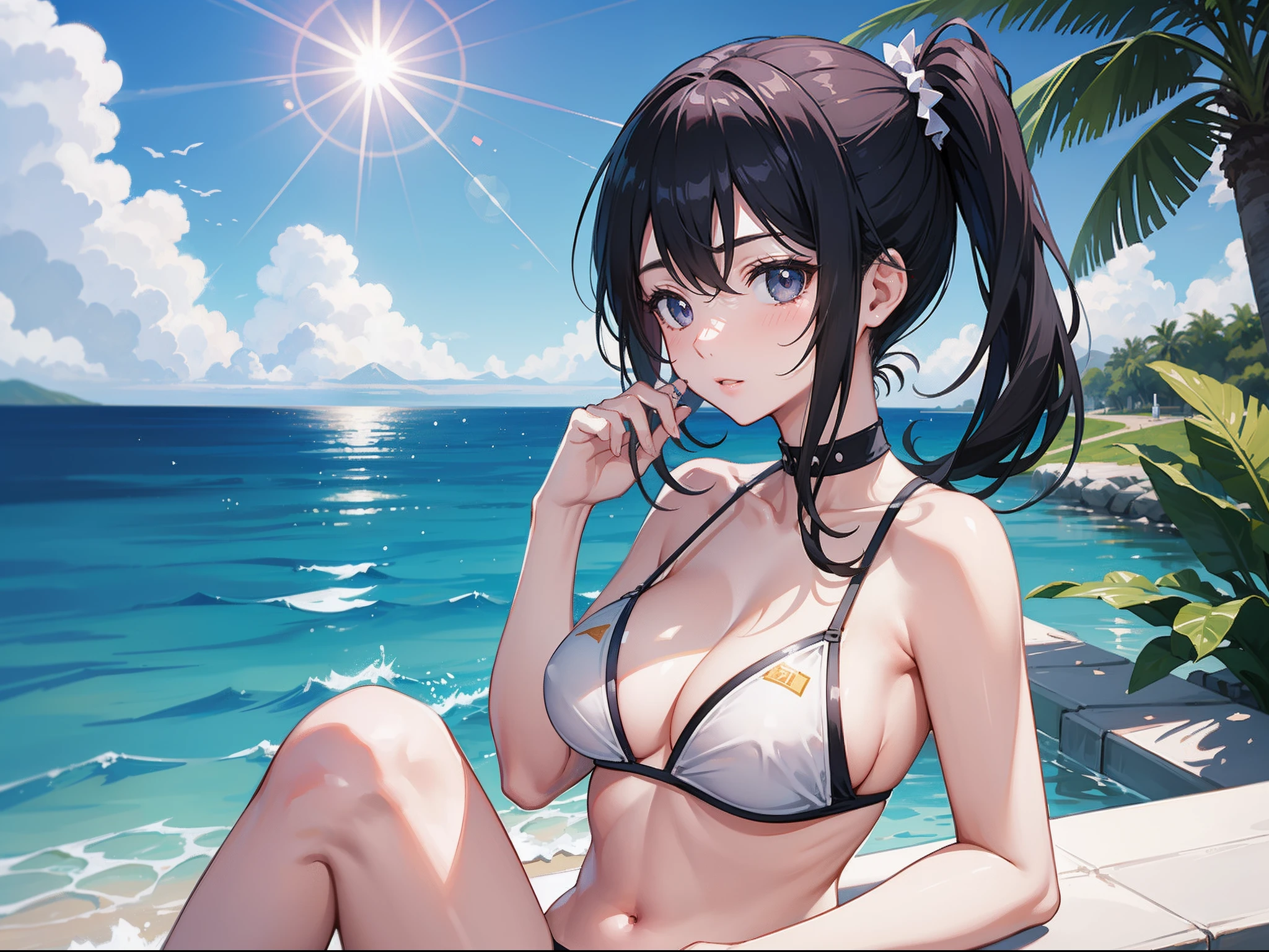 2d, (simple background), BREAK masterpiece, finaly best quality, ultra-detailed, best quality, ((kawaii)), 1girl, cute, black hair, (white bikini:1.1), (poolside), sunshine, various hair style, (lens flare:0.6), (white Sparkle:1), (reflection of light:1.2),