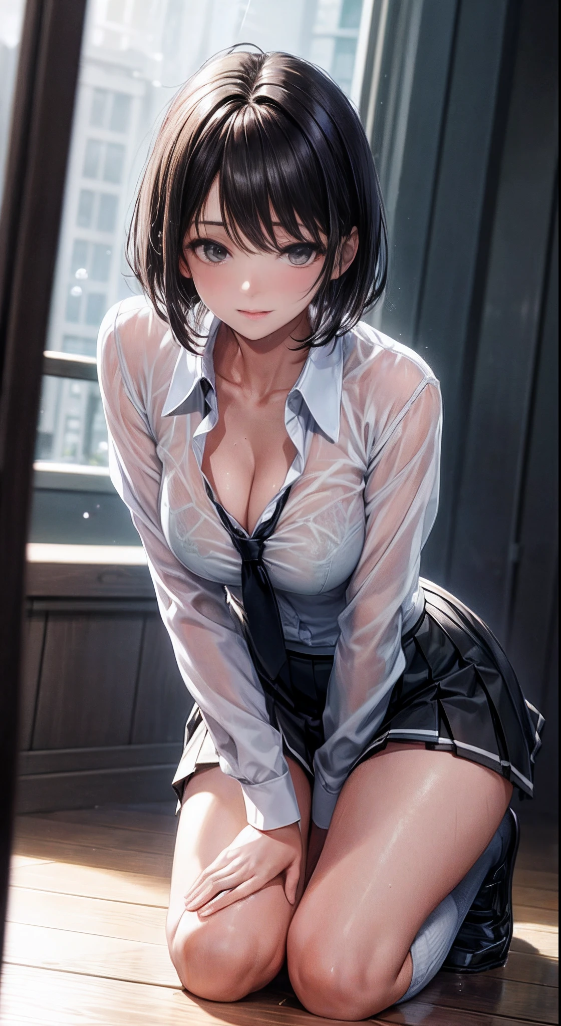 Masterpiece, Top quality, high resolution, A high resolution, One girl, Solo, From the angle from below, Skirt, shirt, white y shirt, Unbuttoned, Fluffy, cleavage, Protruding , Hard, Pleated skirt, Socks, Black skirt, Short hair, Long sleeves, bangs, school uniform, Black socks, Dress shirt, Smile, Sweaty, Drenched, ssee-through, Sheer clothing, Wind-in-the-wind skirt, lifting up skirt, Crotch line, Hip line, White underwear, Panty shots, Beautiful leg line, Water droplets running down your legs, Drenched lower body, Wet waist, Excess crotch droplets, Body parts three-dimensional, Exposed undergarment, Realistic skin texture, focus on feet, Kneeling, knees open, Bright room, ((finger-shifting panty position)), lighting from below, bitten panties