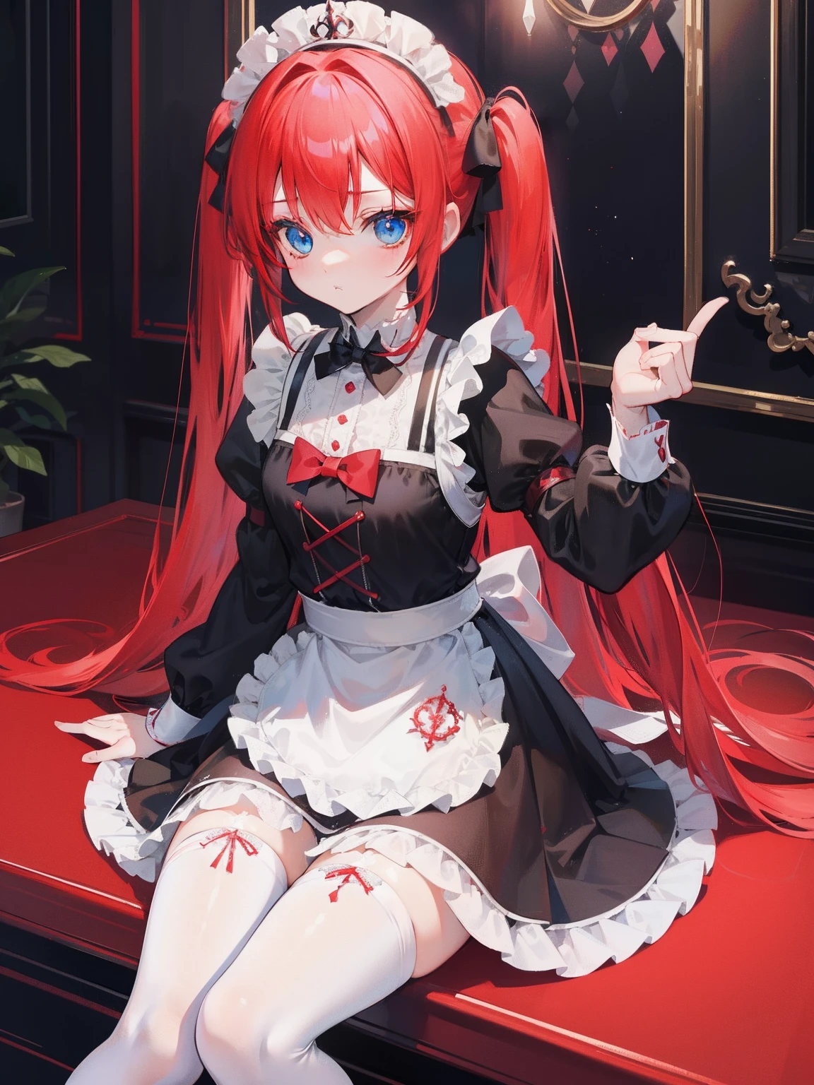 red hair,blue eyes,twintails,maid, long hair, long sleeves, gothic, solo, loli,Short skirt, white stockings,{{best quality}}, {{masterpiece}}, {{ultra-detailed}}, {illustration}, {detailed light}, {an extremely delicate and beautiful},little girl,cute,