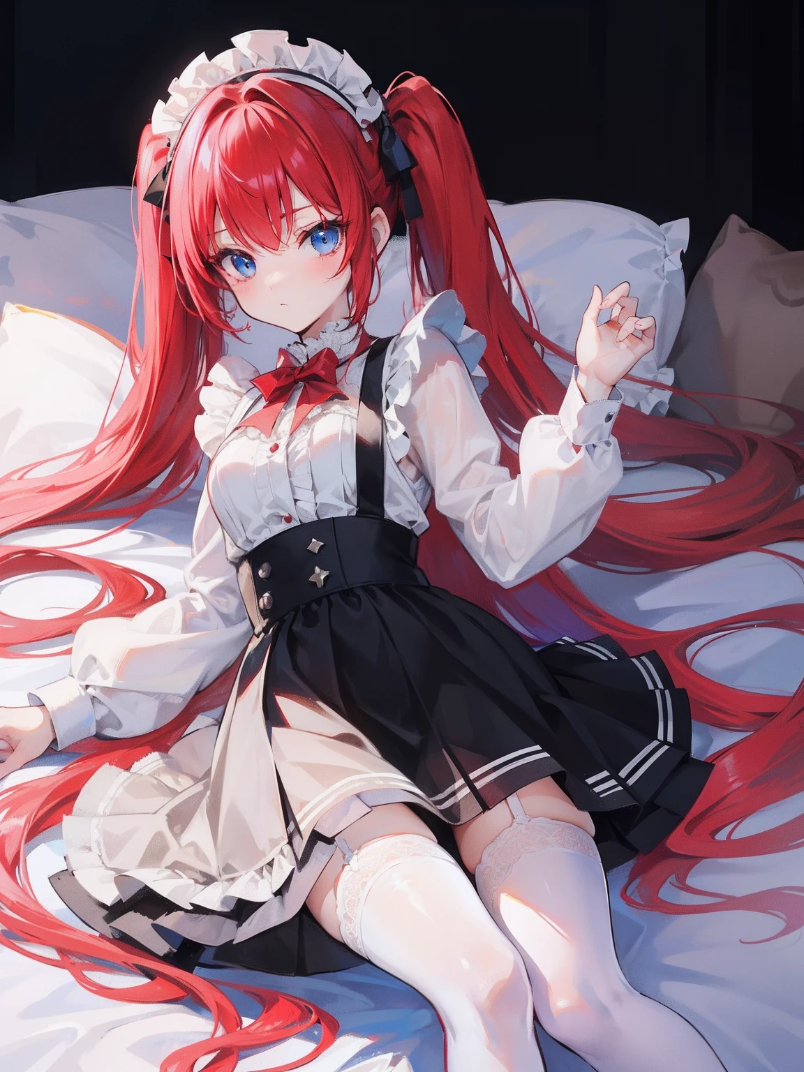 Red hair,Blue eyes,Twintails, Long hair, Solo, Loli, Black stockings,{{Best quality}}, {{Masterpiece}}, {{Ultra-detailed}}, {illustration}, {Detailed light}, {An extremely delicate and beautiful},Little girl,Cute,Angel, halo