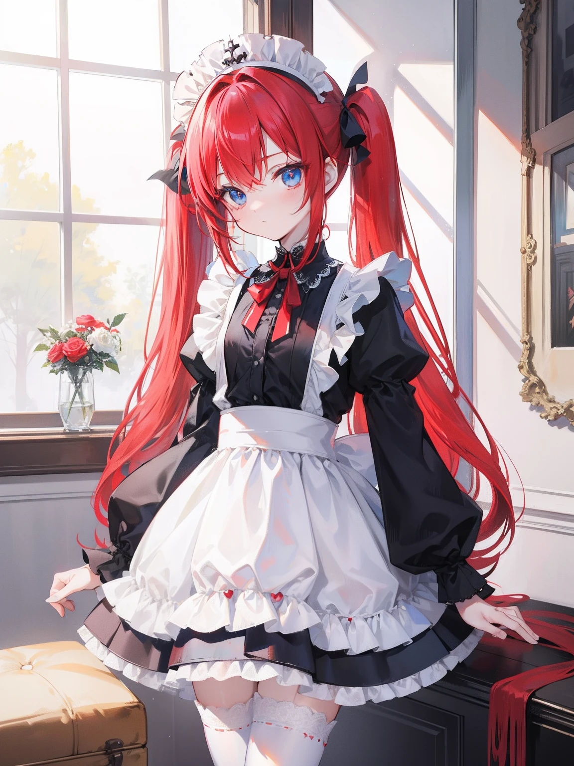 red hair,blue eyes,twintails,maid, long hair, long sleeves, gothic, solo, loli,Short skirt, white stockings,{{best quality}}, {{masterpiece}}, {{ultra-detailed}}, {illustration}, {detailed light}, {an extremely delicate and beautiful},little girl,cute,