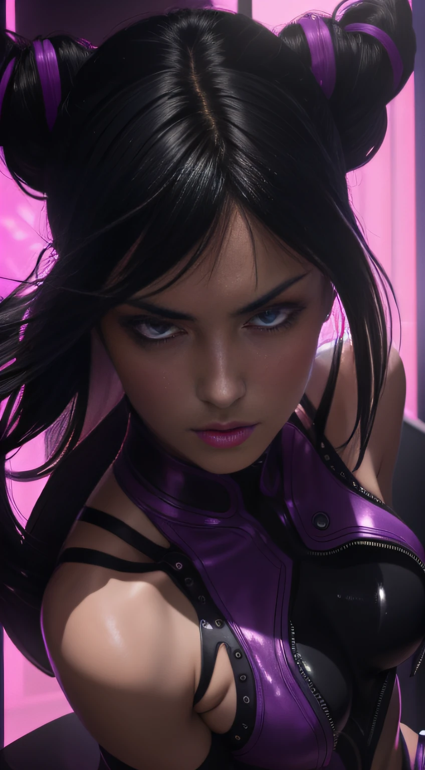 the number seven personified in a backlit woman with neon violet, synthwave, popcore color, mysterious smoke and mirrors, reflective and wet, dynamic composition and dramatic backlighting, highly textured, black, neon violet, neon orange,(detail), (complex), (8k), (HDR), (sharp focus), perfect fingers, high detail , expressiveness, masterpiece, (high detail skin and hair), ((high detail eyes)), (high detail clothing), ,(perfect facial features)
